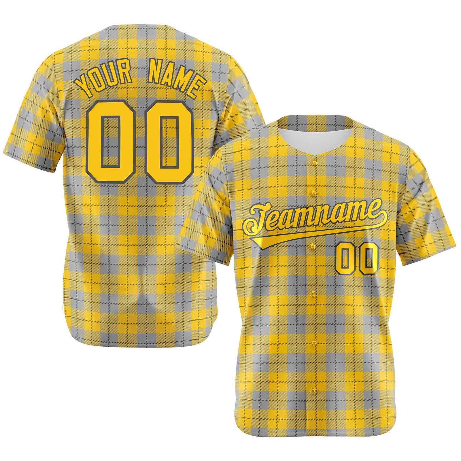 Custom Gold Gray Personalized Plaid Design Authentic Baseball Jersey