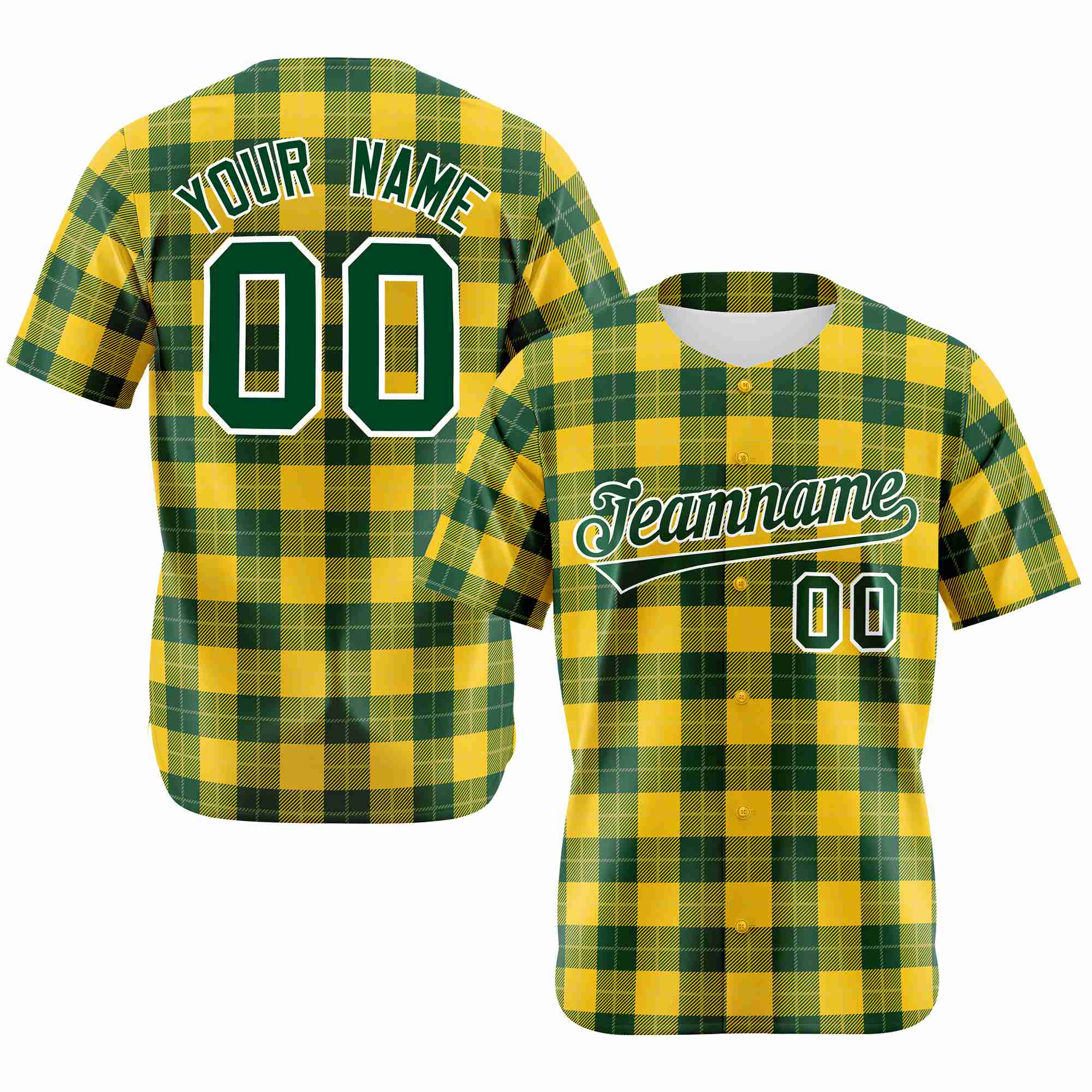 Custom Yellow Green Personalized Plaid Design Authentic Baseball Jersey