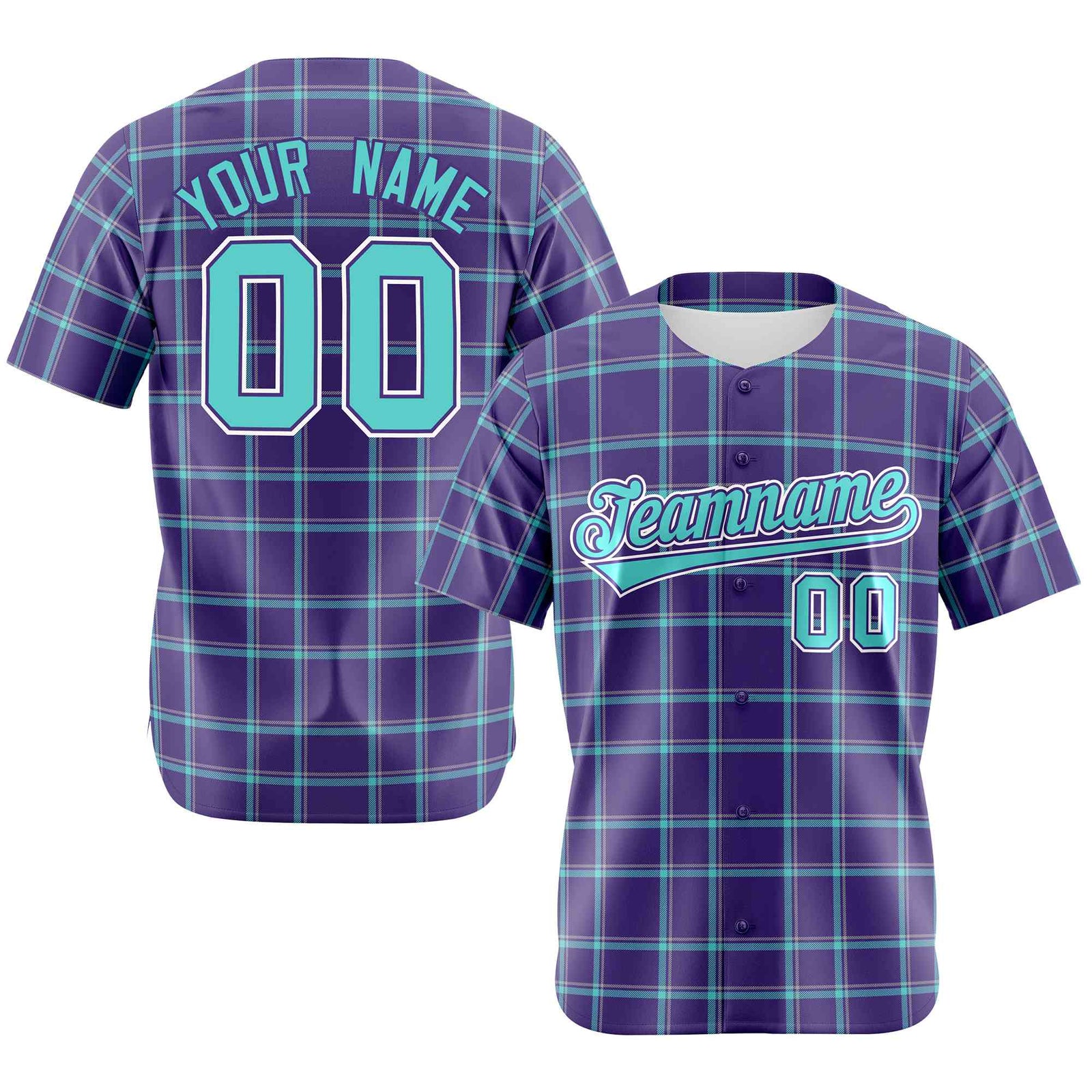 Custom Purple Aqua Personalized Plaid Design Authentic Baseball Jersey