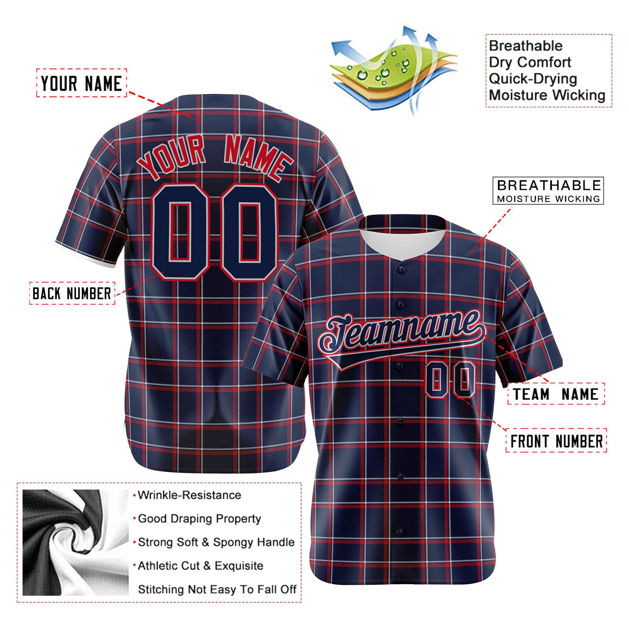 Custom Navy Red Personalized Plaid Design Authentic Baseball Jersey