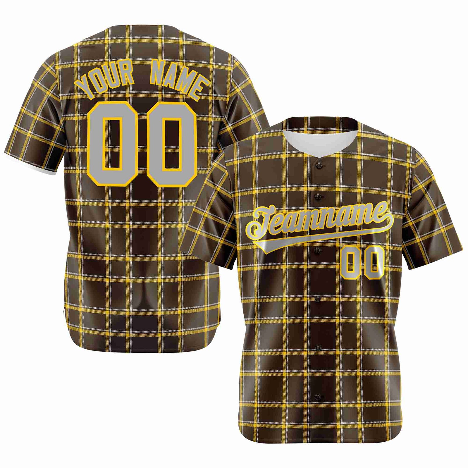 Custom Brown Yellow Personalized Plaid Design Authentic Baseball Jersey