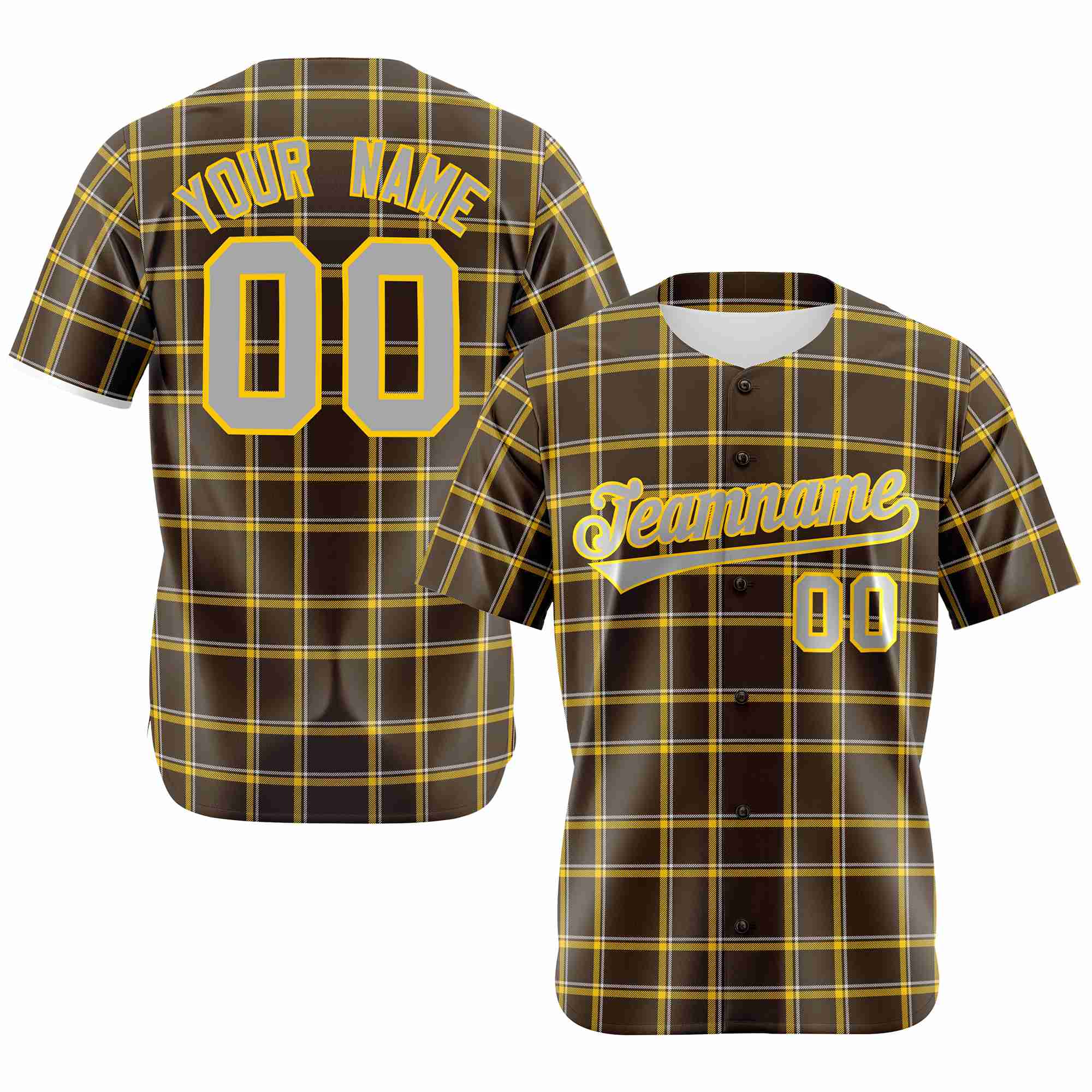 Custom Brown Yellow Personalized Plaid Design Authentic Baseball Jersey