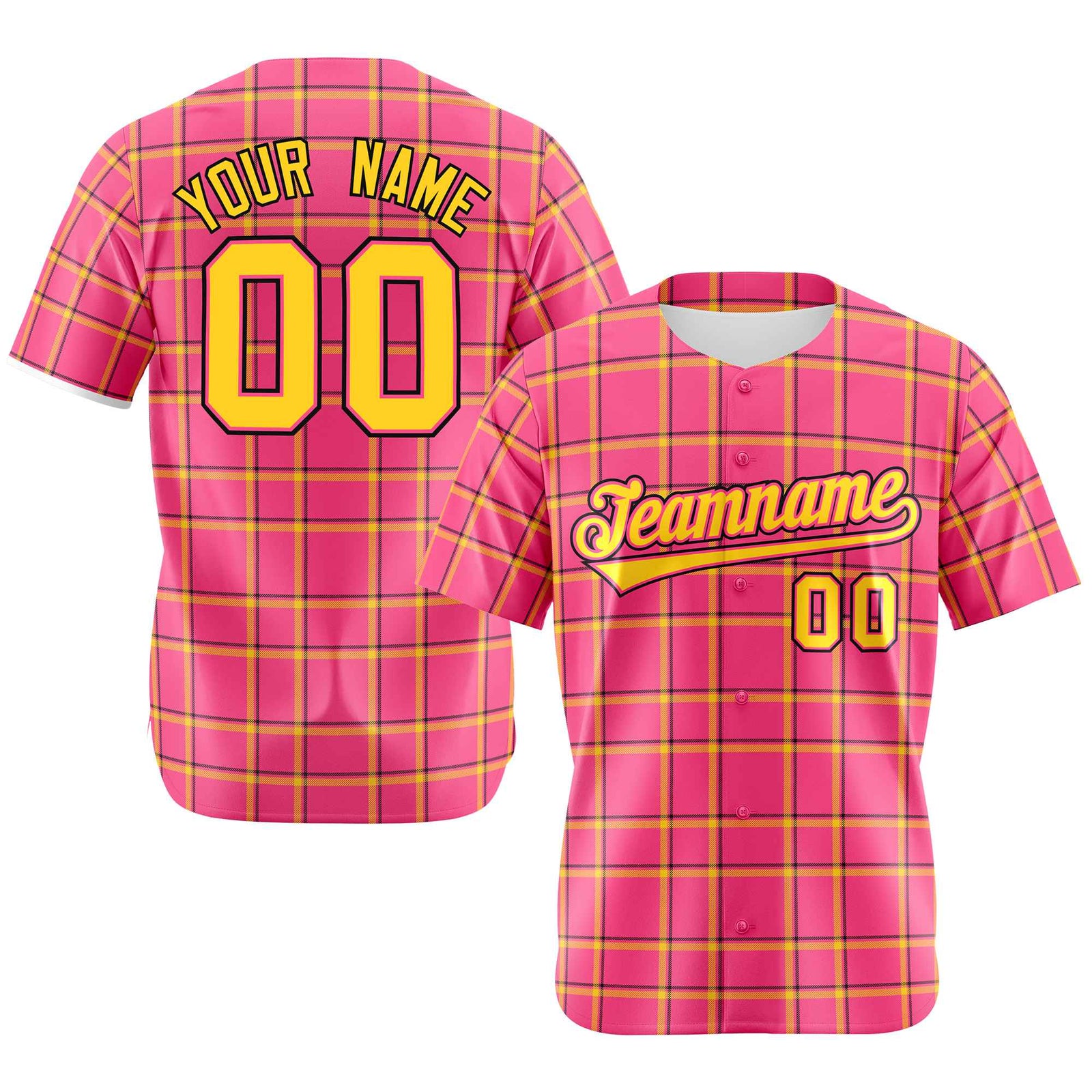 Custom Pink Gold Personalized Plaid Design Authentic Baseball Jersey