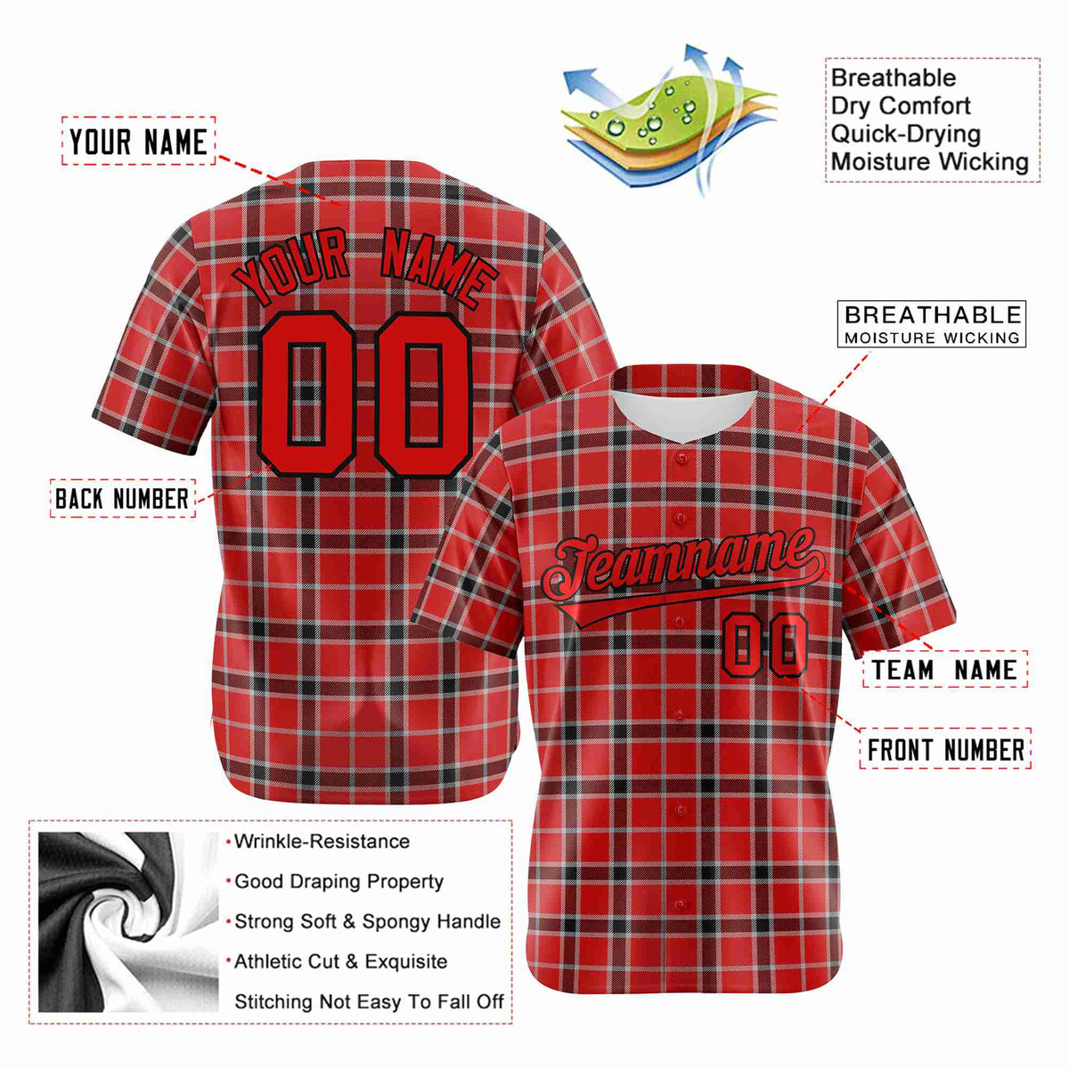 Custom Red Crimson Personalized Plaid Design Authentic Baseball Jersey