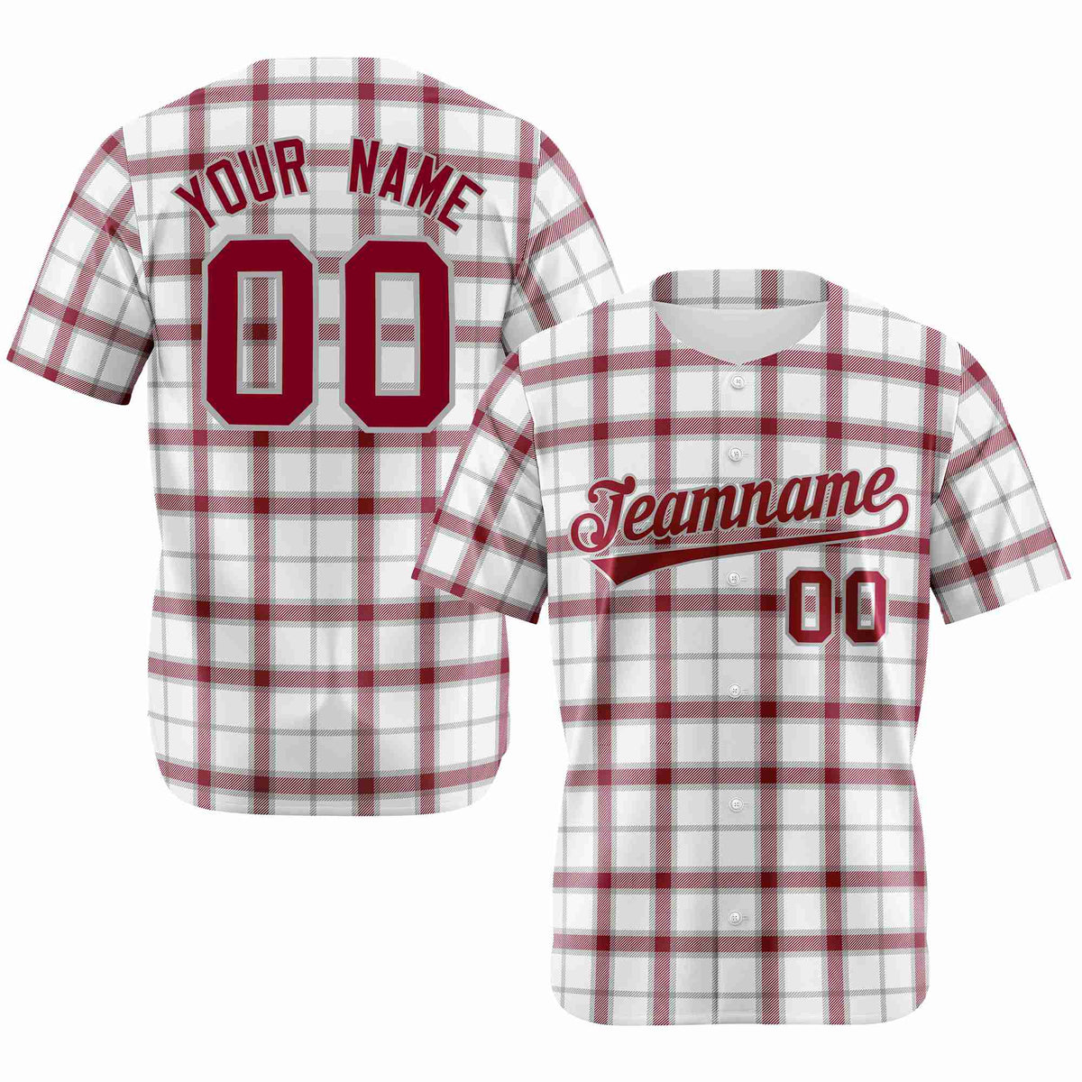 Custom White Crimson Personalized Plaid Design Authentic Baseball Jersey
