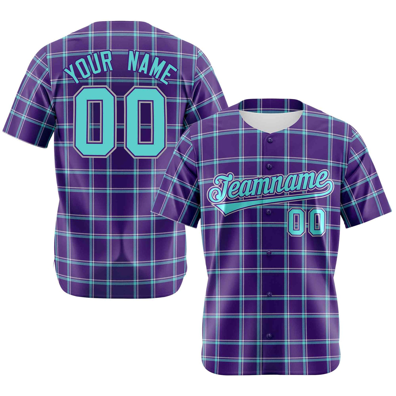 Custom Purple Aqua Personalized Plaid Design Authentic Baseball Jersey