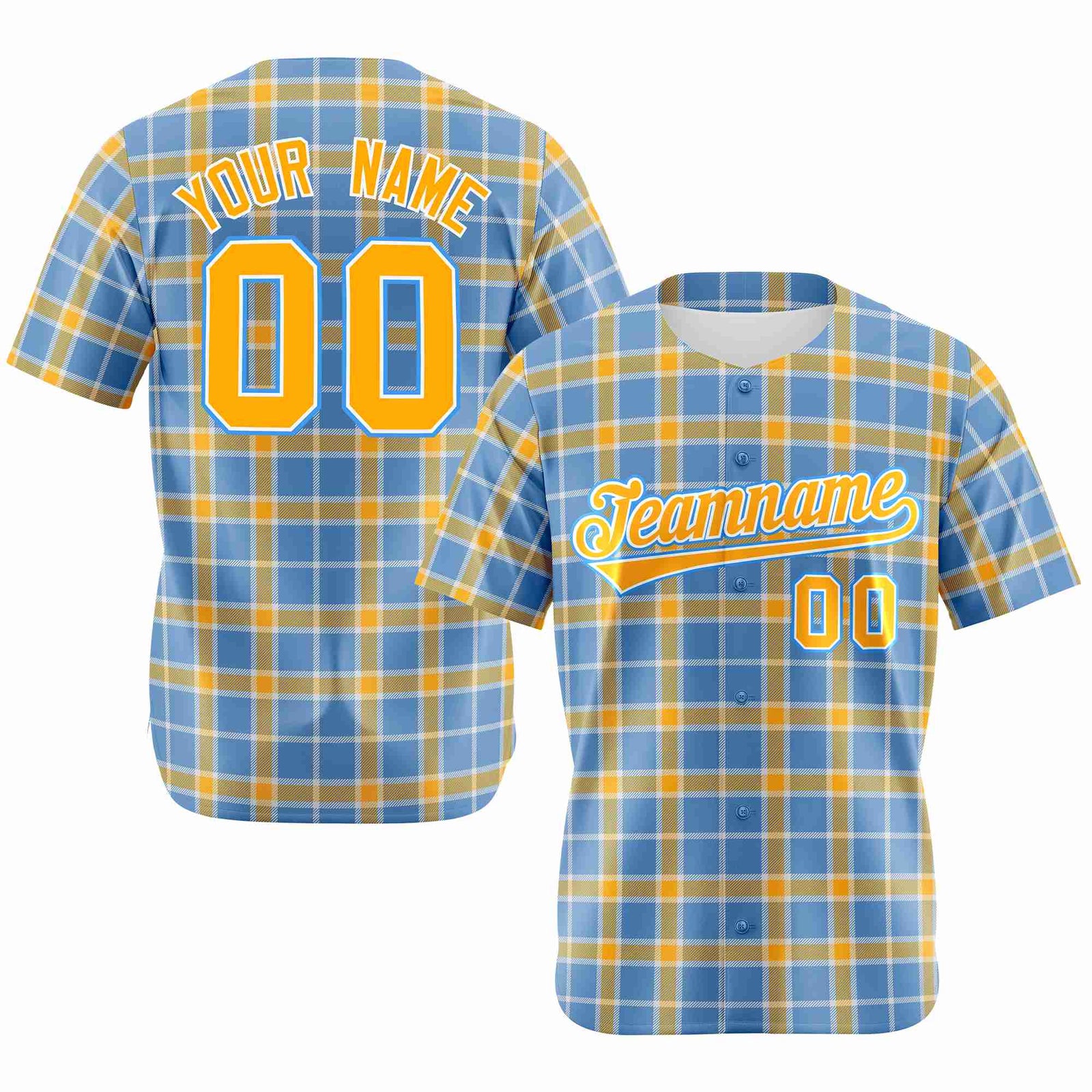 Custom Light Blue Yellow Personalized Plaid Design Authentic Baseball Jersey