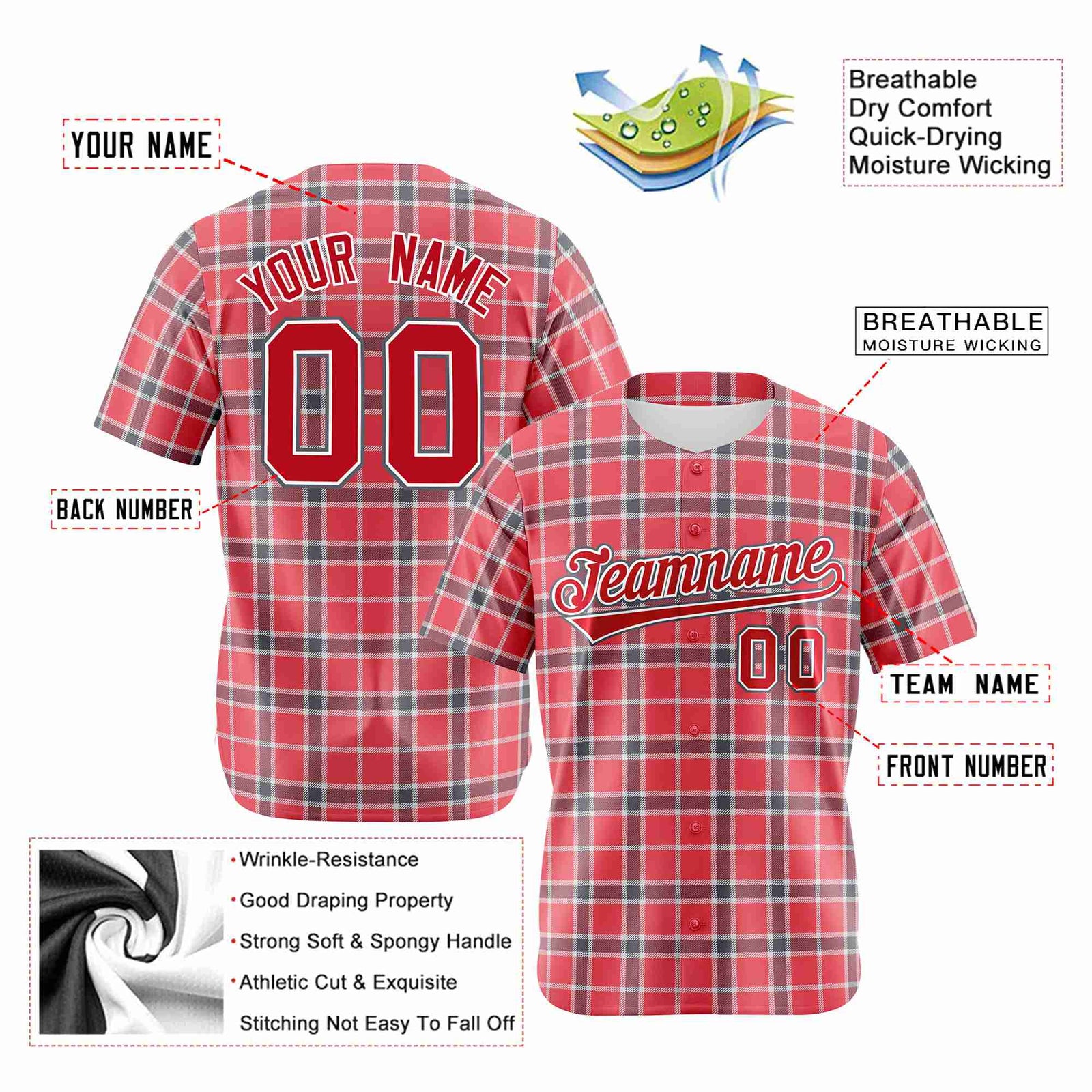 Custom Light Red Crimson Personalized Plaid Design Authentic Baseball Jersey