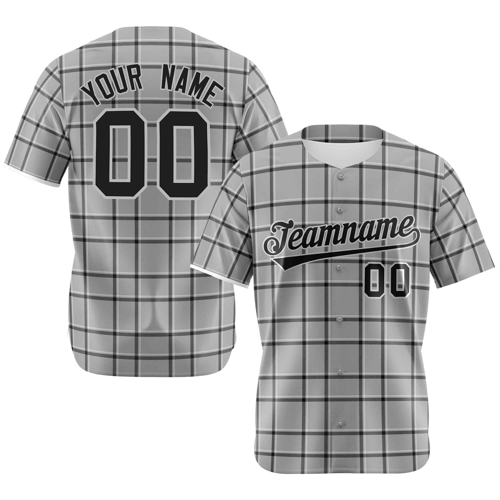 Custom Gray Black Personalized Plaid Design Authentic Baseball Jersey