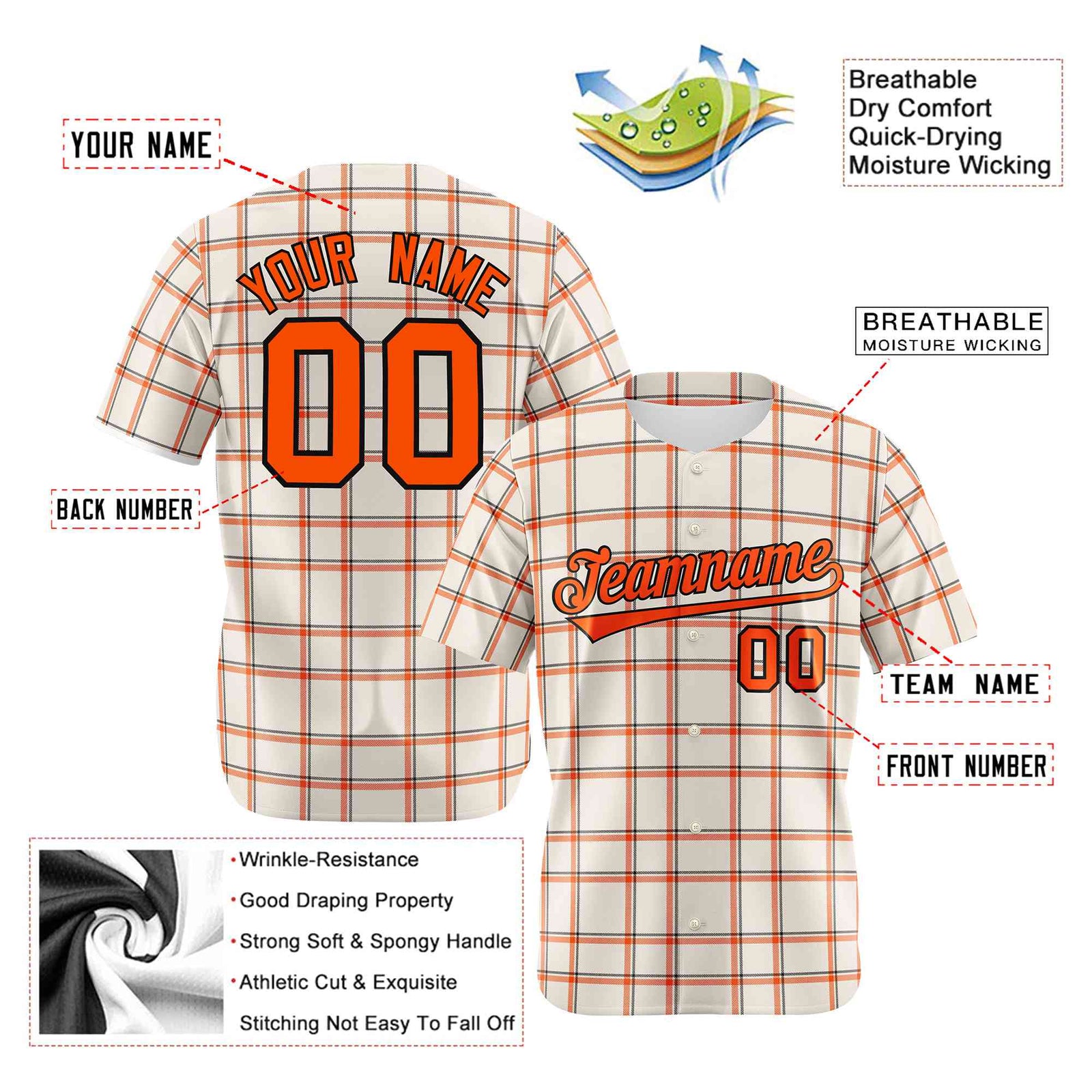 Custom White Orange Personalized Plaid Design Authentic Baseball Jersey