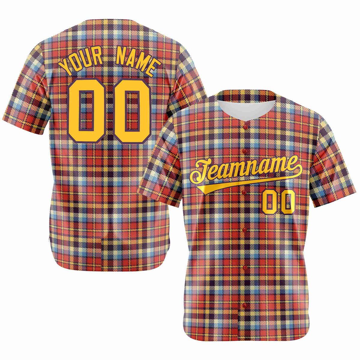 Custom Orange Yellow-Blue Personalized Plaid Design Authentic Baseball Jersey