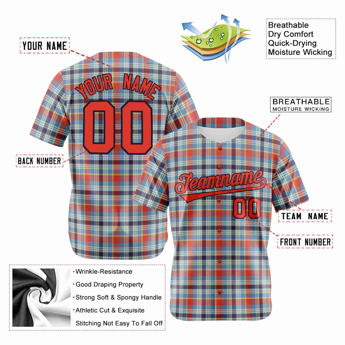 Custom Light Blue Orange Personalized Plaid Design Authentic Baseball Jersey