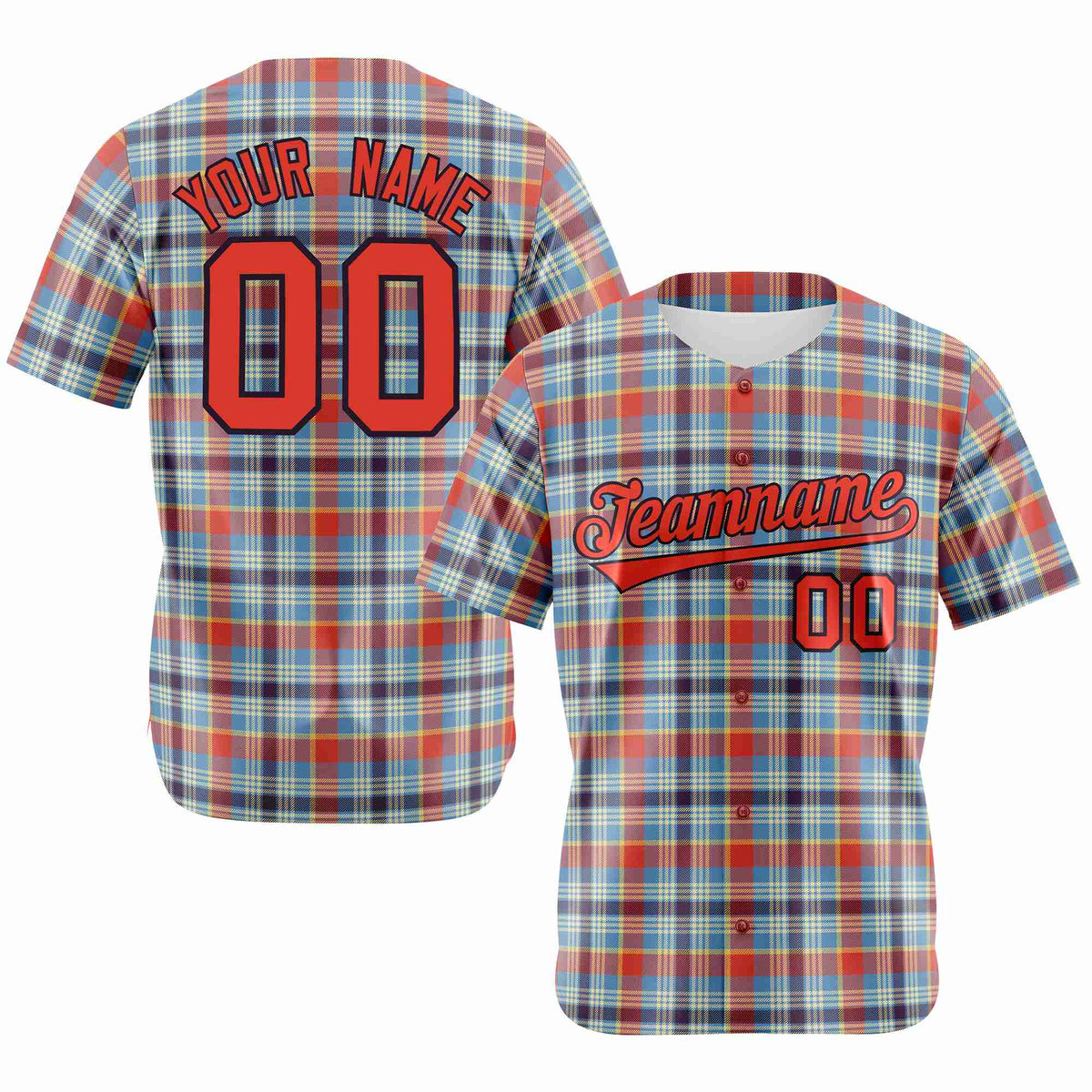 Custom Light Blue Orange Personalized Plaid Design Authentic Baseball Jersey