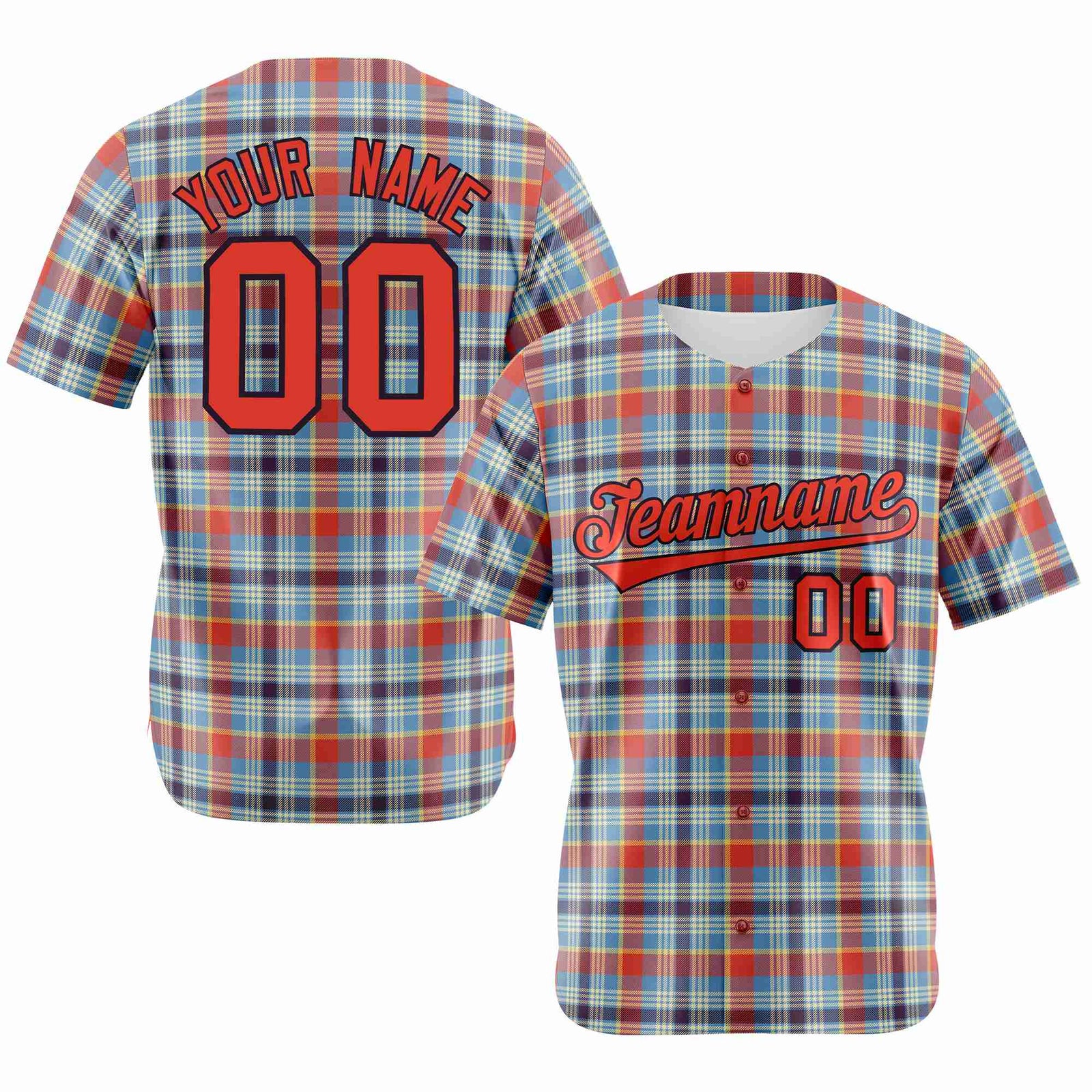 Custom Light Blue Orange Personalized Plaid Design Authentic Baseball Jersey