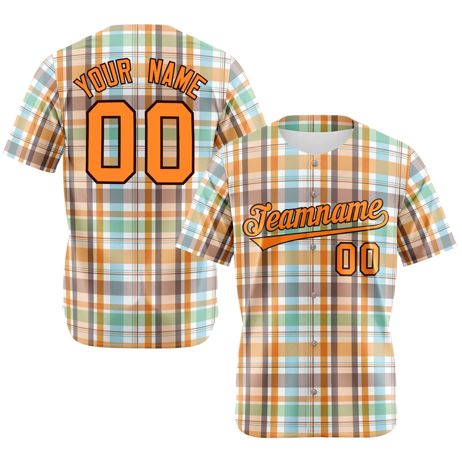 Custom Orange Gray Blue Personalized Plaid Design Authentic Baseball Jersey