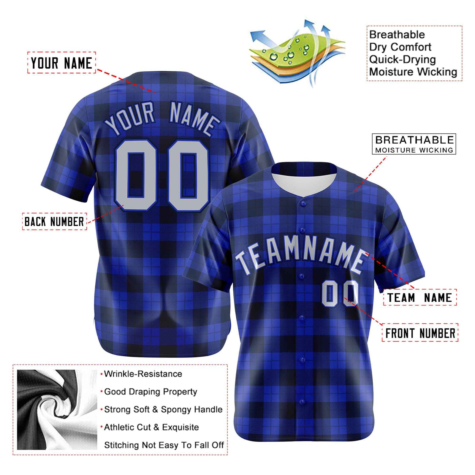 Custom Royal Navy Personalized Plaid Design Authentic Baseball Jersey