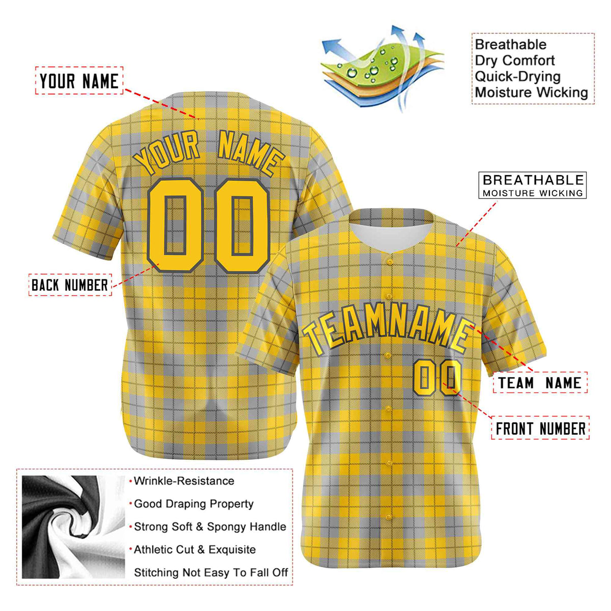 Custom Gold Gray Personalized Plaid Design Authentic Baseball Jersey