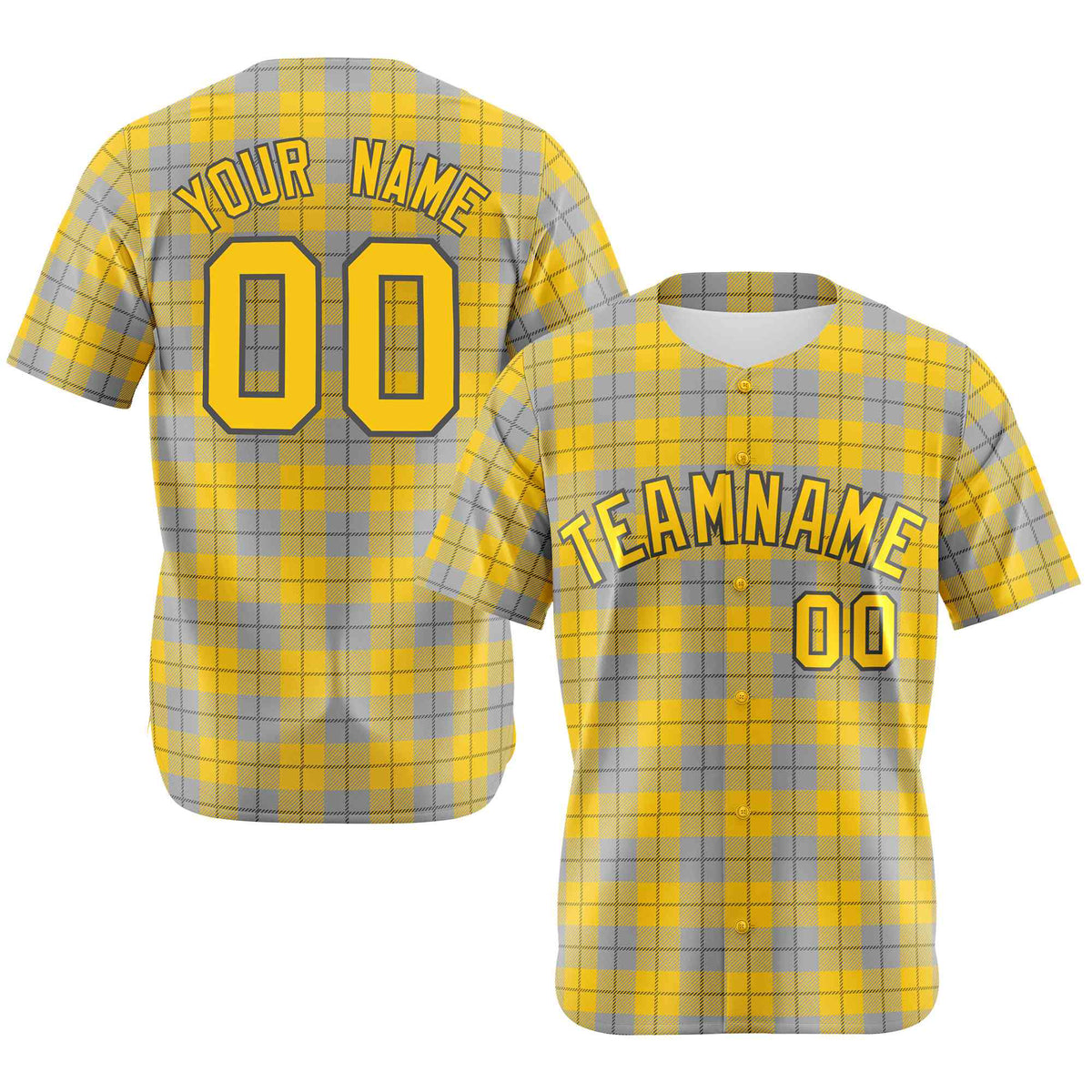 Custom Gold Gray Personalized Plaid Design Authentic Baseball Jersey