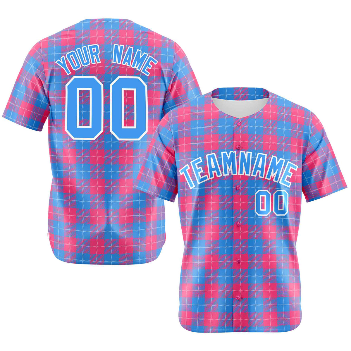 Custom Pink Powder Blue Personalized Plaid Design Authentic Baseball Jersey
