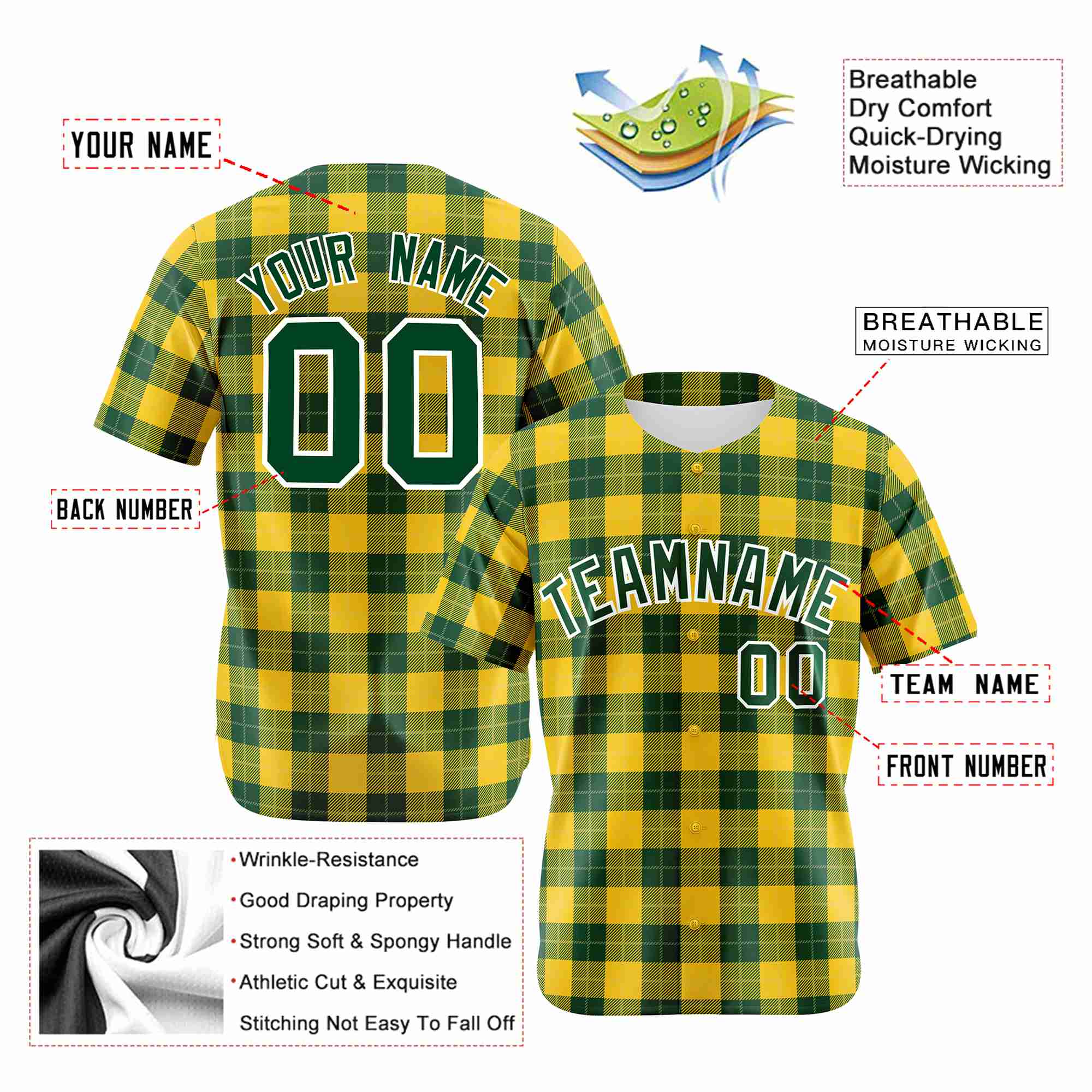 Custom Yellow Green Personalized Plaid Design Authentic Baseball Jersey