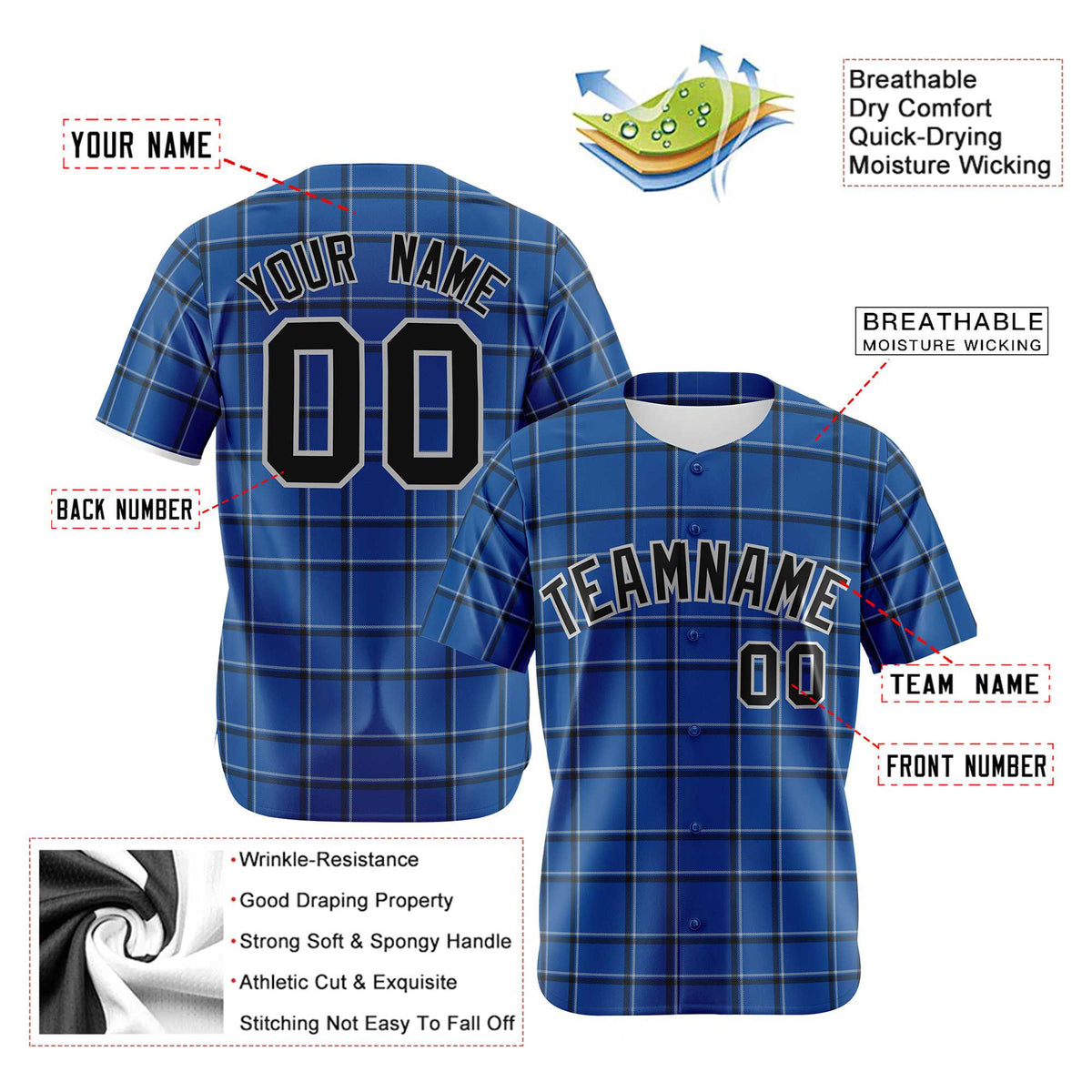 Custom Royal Blue Black Personalized Plaid Design Authentic Baseball Jersey