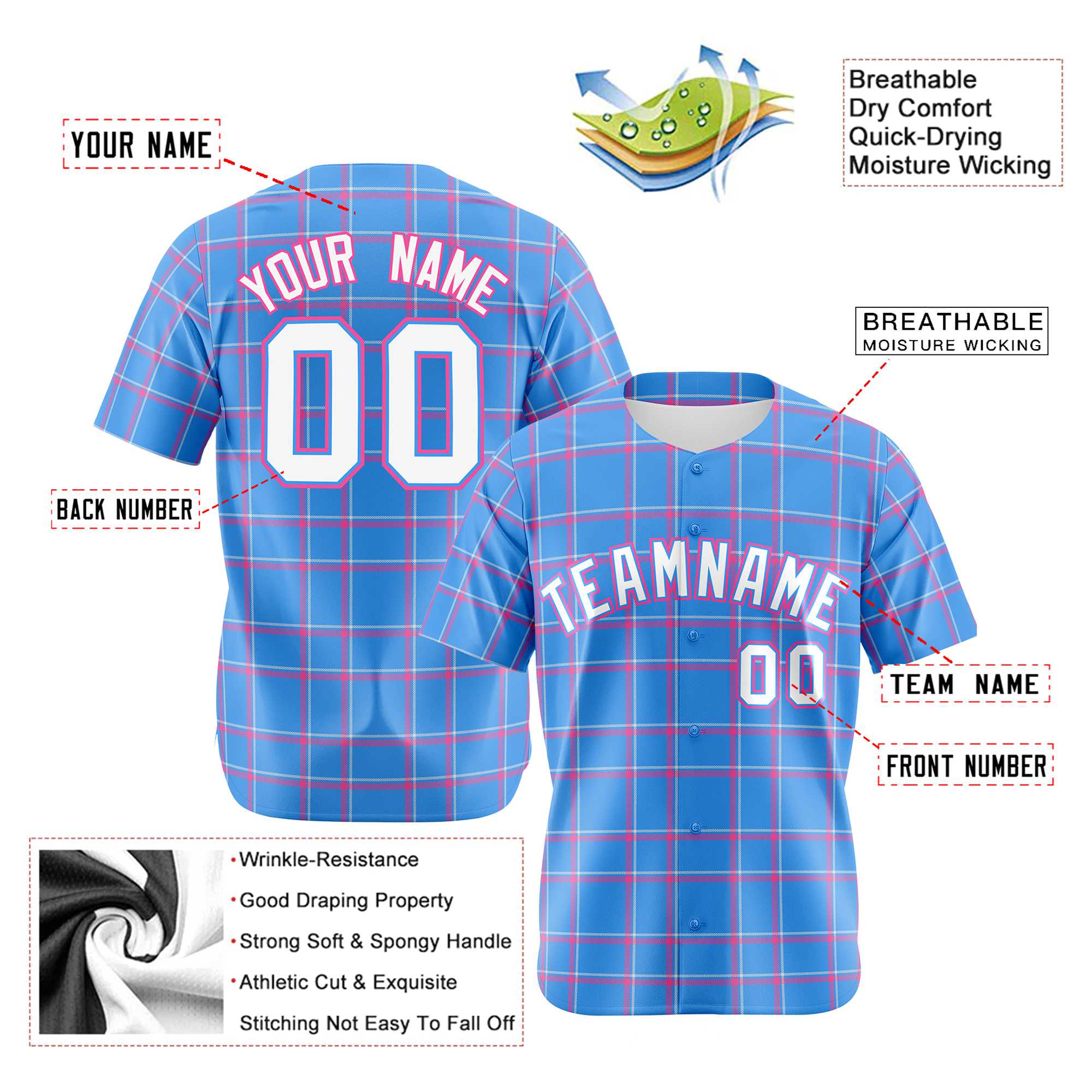 Custom Powder Blue Pink Personalized Plaid Design Authentic Baseball Jersey