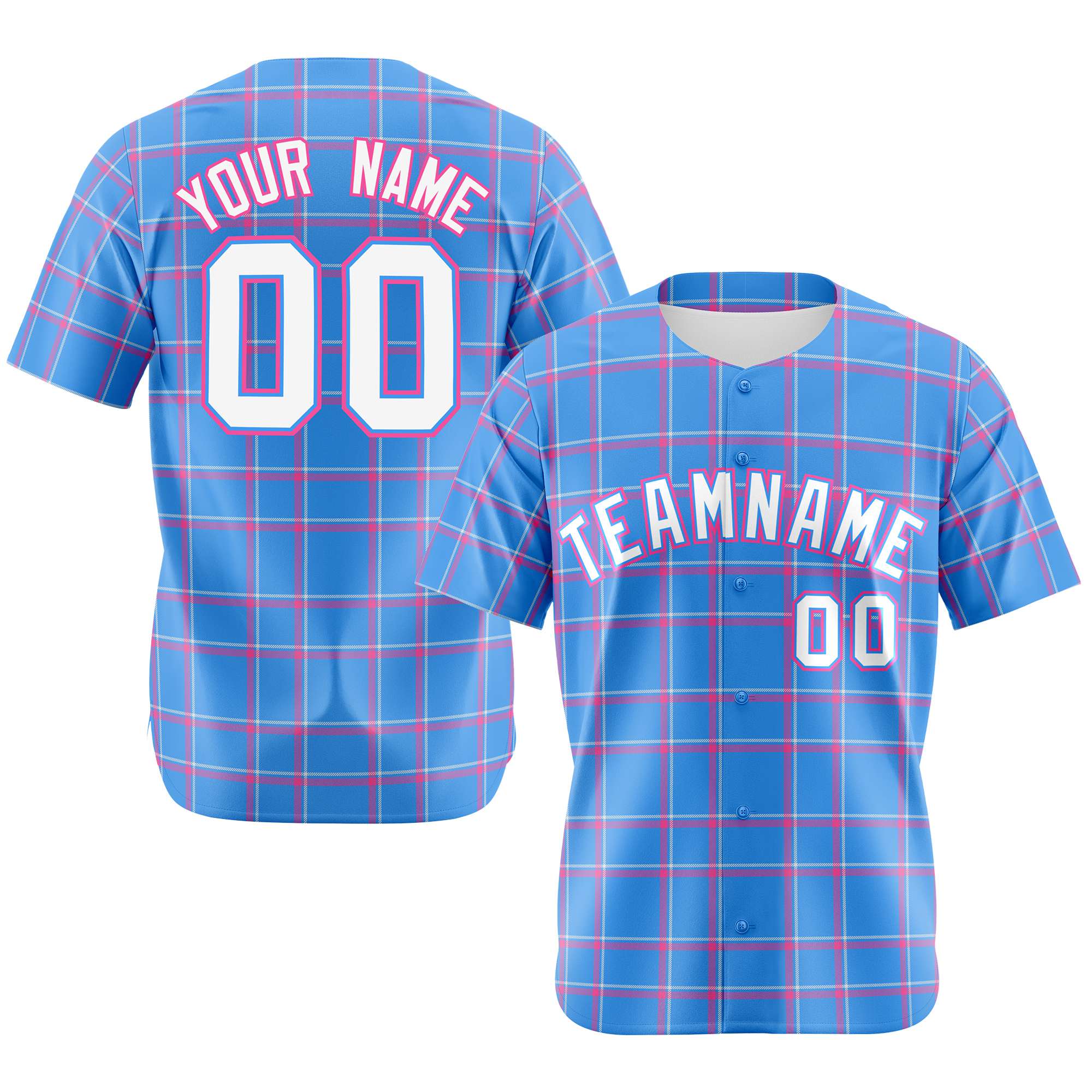 Custom Powder Blue Pink Personalized Plaid Design Authentic Baseball Jersey