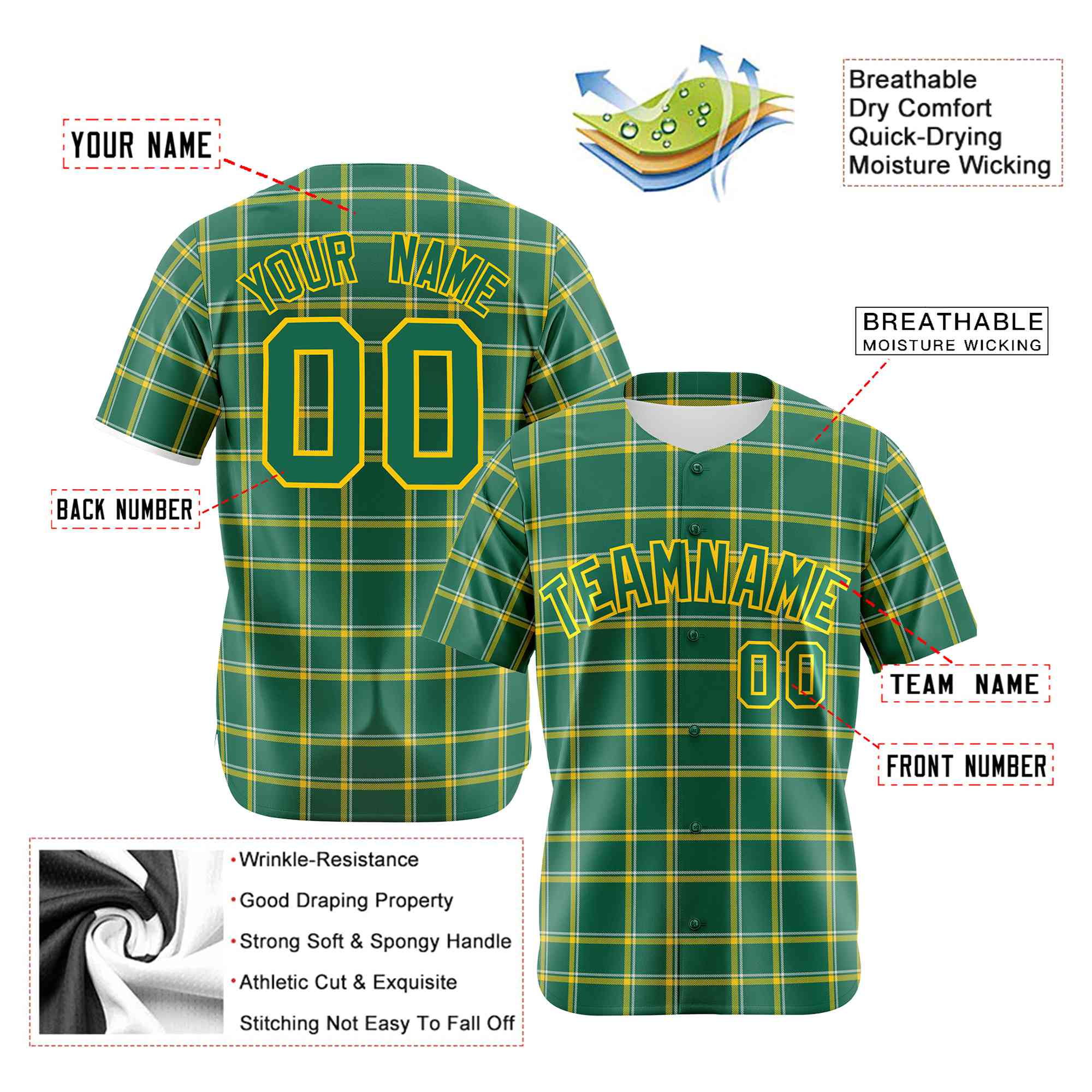 Custom Kelly Green Gold Personalized Plaid Design Authentic Baseball Jersey