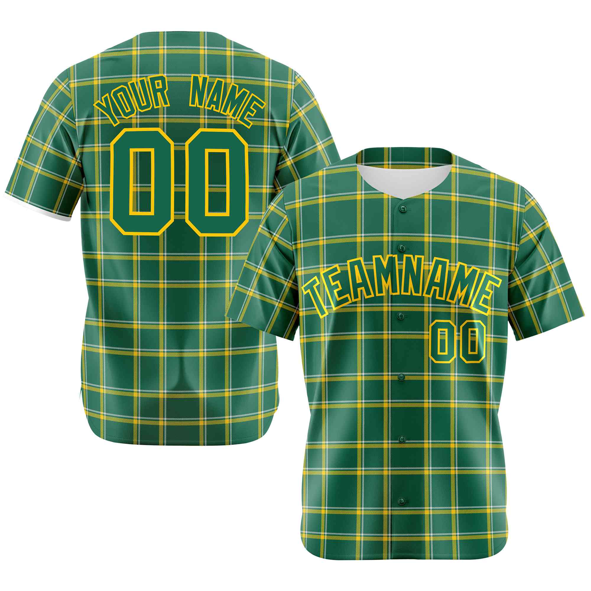 Custom Kelly Green Gold Personalized Plaid Design Authentic Baseball Jersey