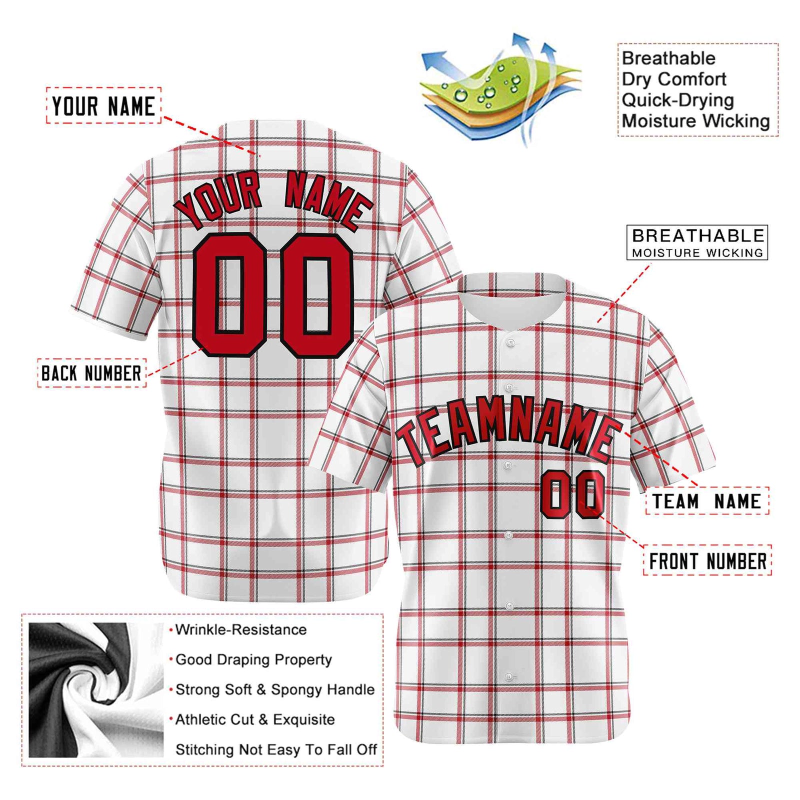 Custom White Red Personalized Plaid Design Authentic Baseball Jersey