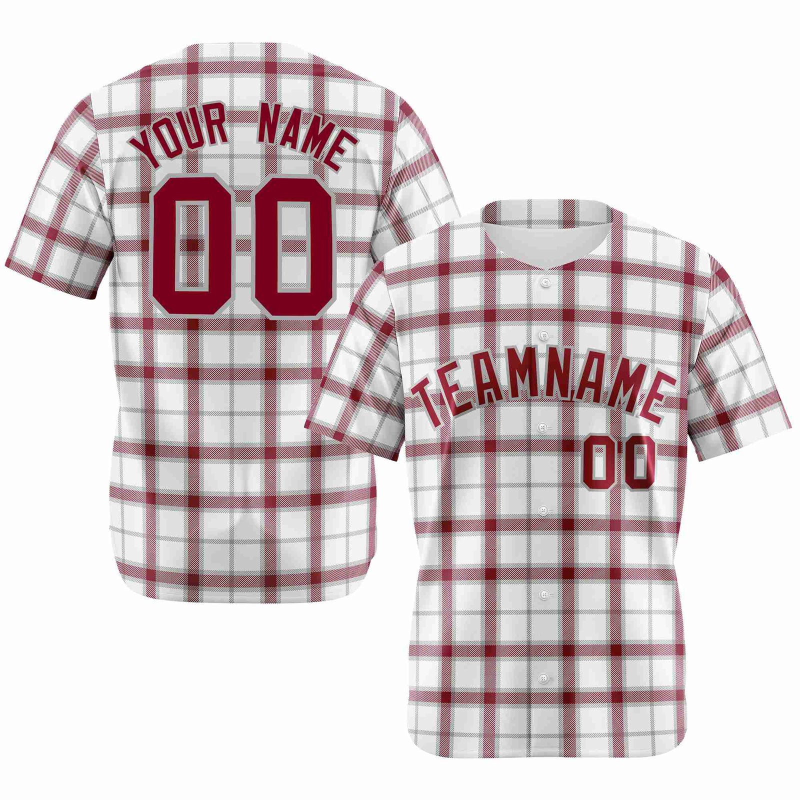 Custom White Crimson Personalized Plaid Design Authentic Baseball Jersey