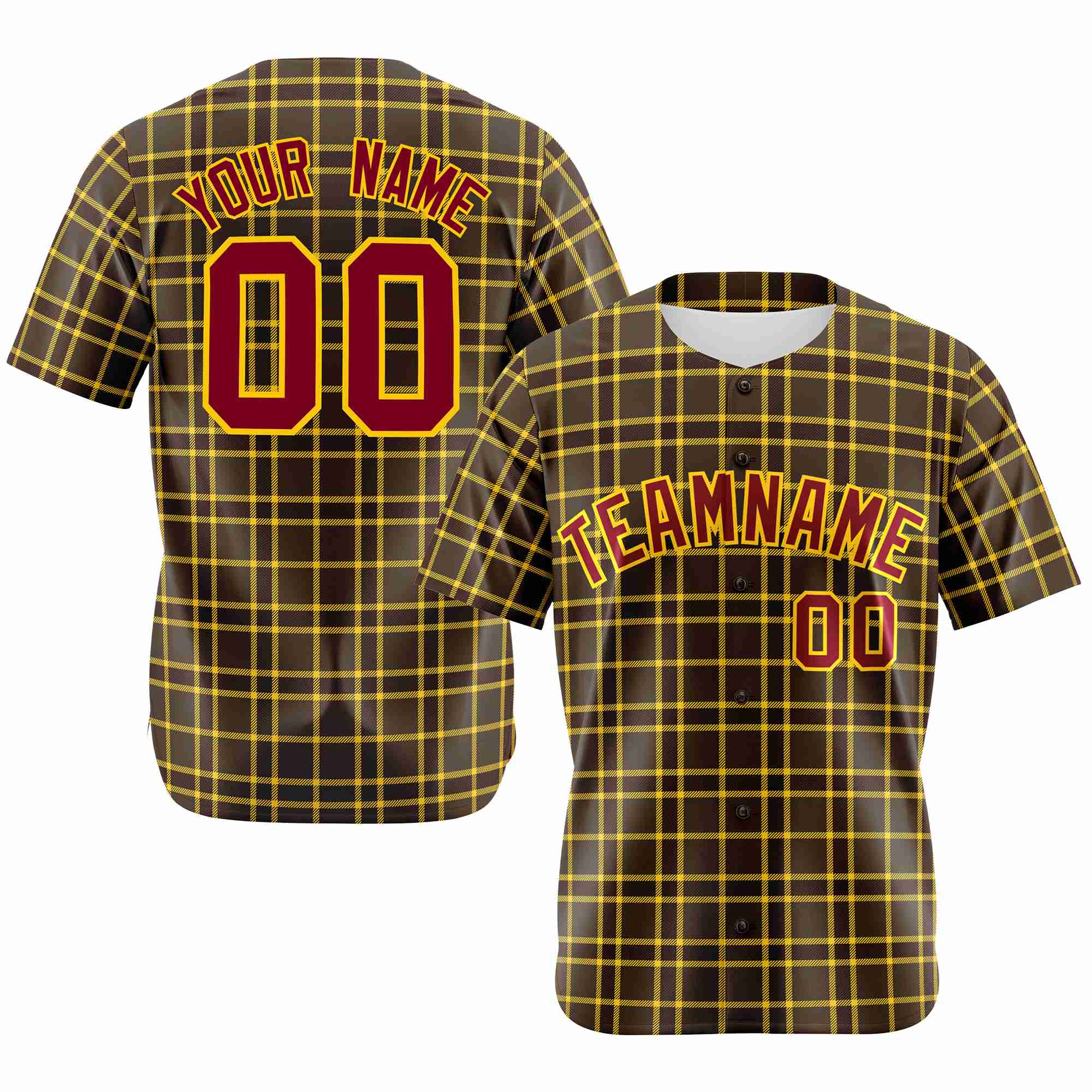 Custom Brown Gold Personalized Plaid Design Authentic Baseball Jersey