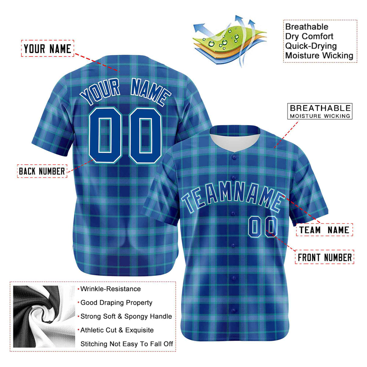 Custom Royal Blue Personalized Plaid Design Authentic Baseball Jersey