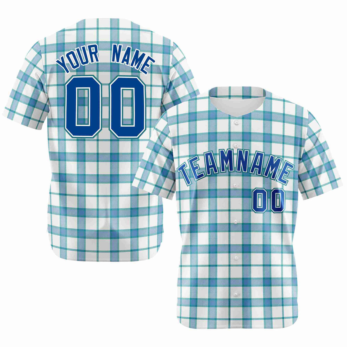 Custom White Light Blue Personalized Plaid Design Authentic Baseball Jersey