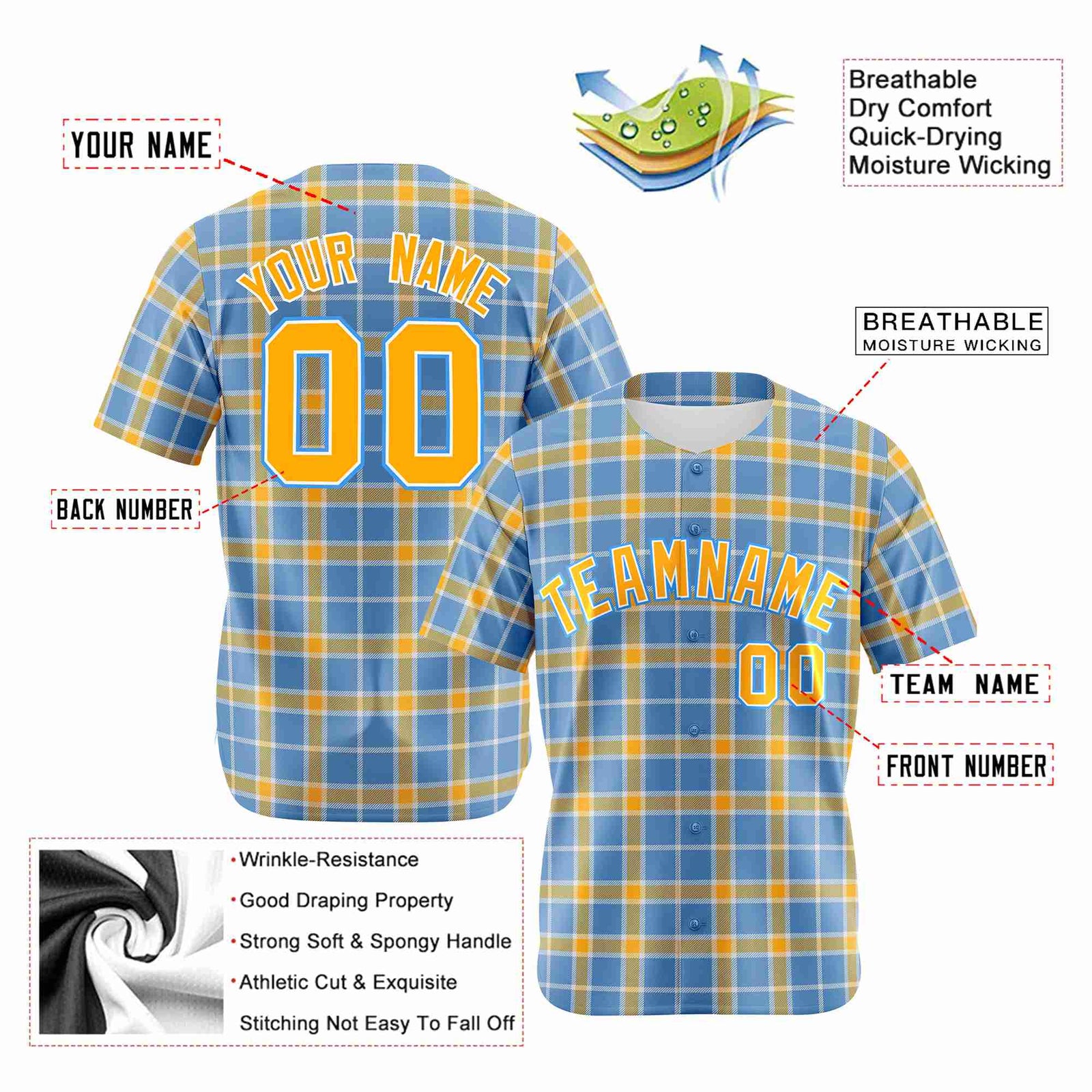 Custom Light Blue Yellow Personalized Plaid Design Authentic Baseball Jersey