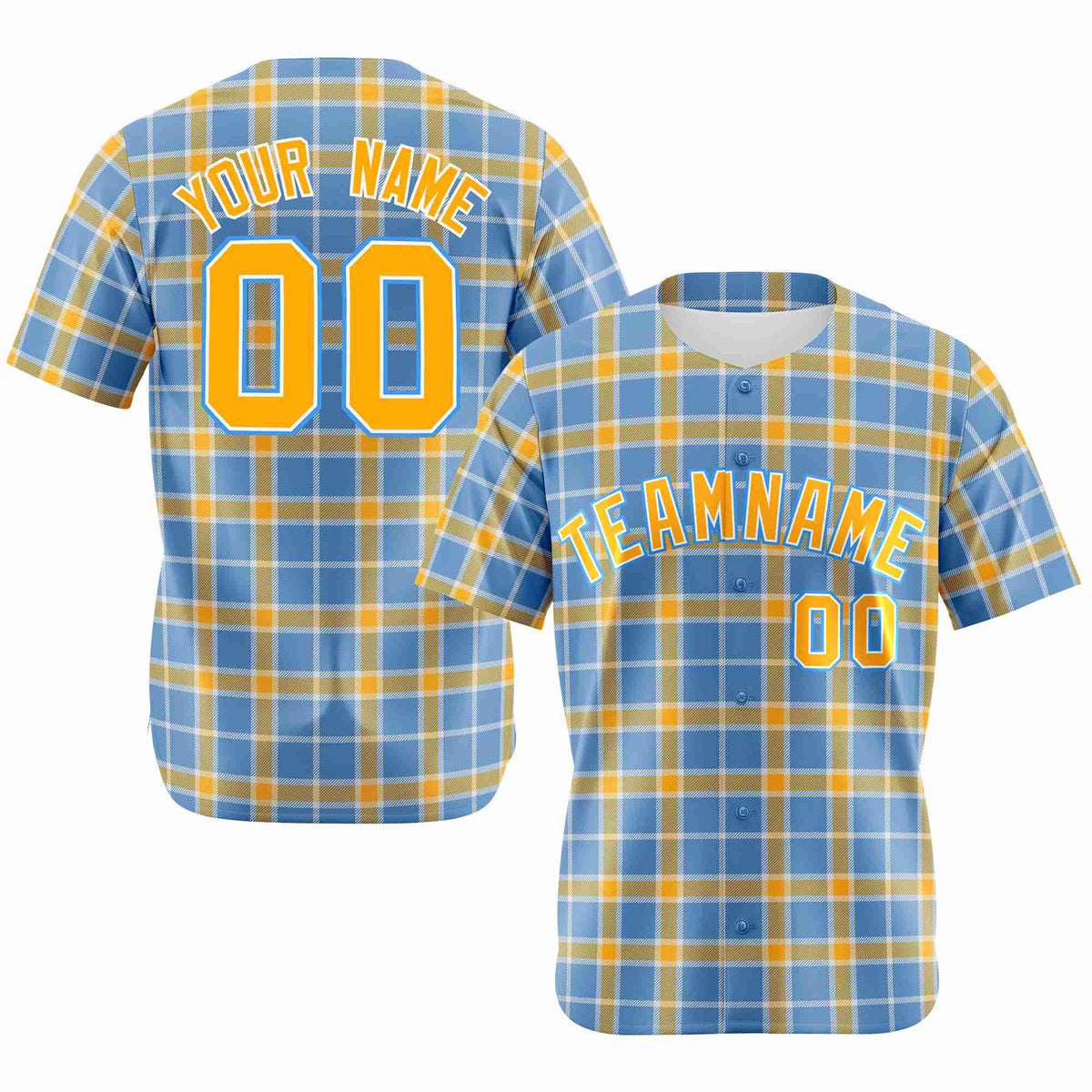 Custom Light Blue Yellow Personalized Plaid Design Authentic Baseball Jersey