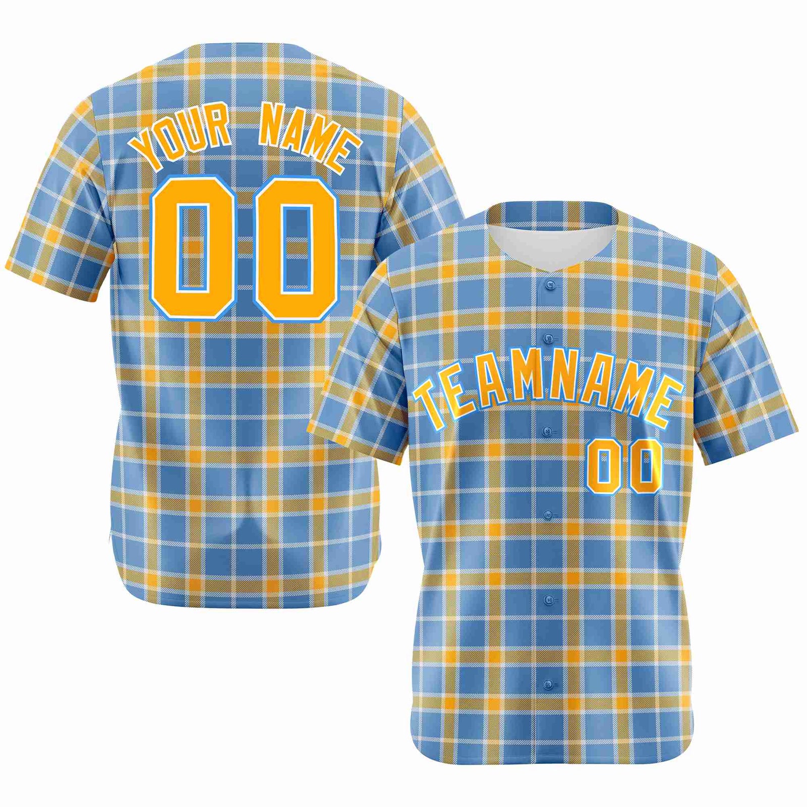 Custom Light Blue Yellow Personalized Plaid Design Authentic Baseball Jersey