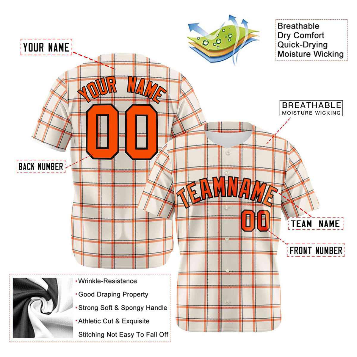 Custom White Orange Personalized Plaid Design Authentic Baseball Jersey