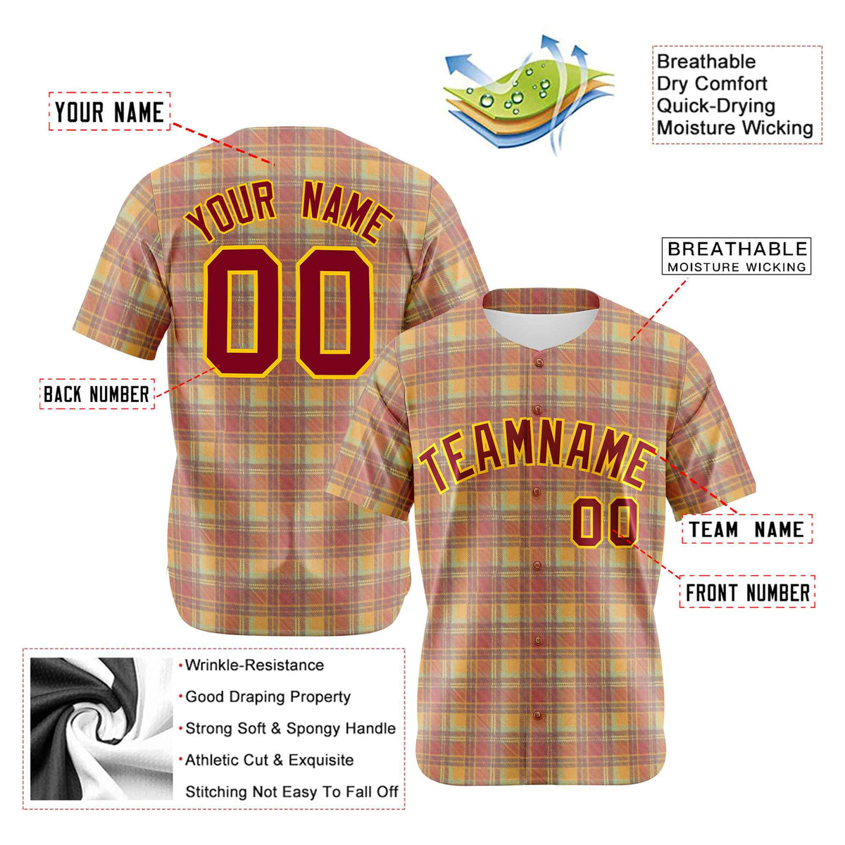 Custom Orange Yellow Personalized Plaid Design Authentic Baseball Jersey
