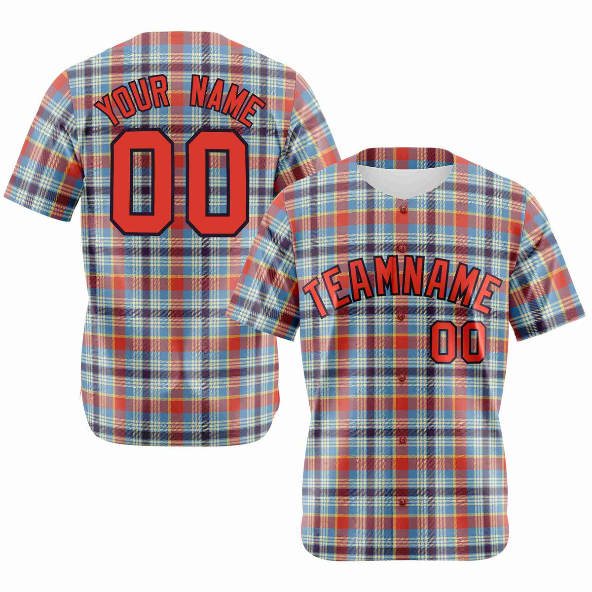 Custom Light Blue Orange Personalized Plaid Design Authentic Baseball Jersey