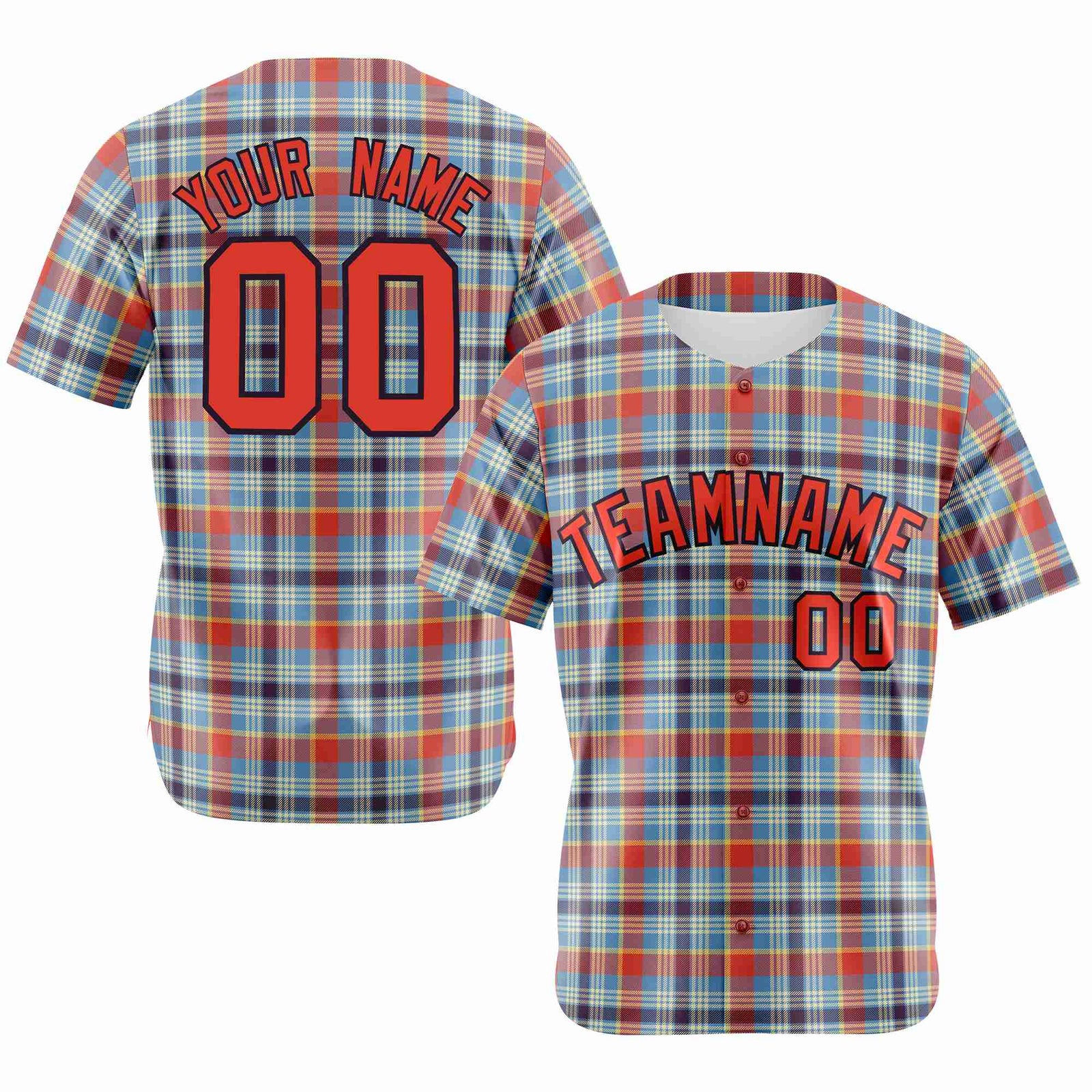 Custom Light Blue Orange Personalized Plaid Design Authentic Baseball Jersey