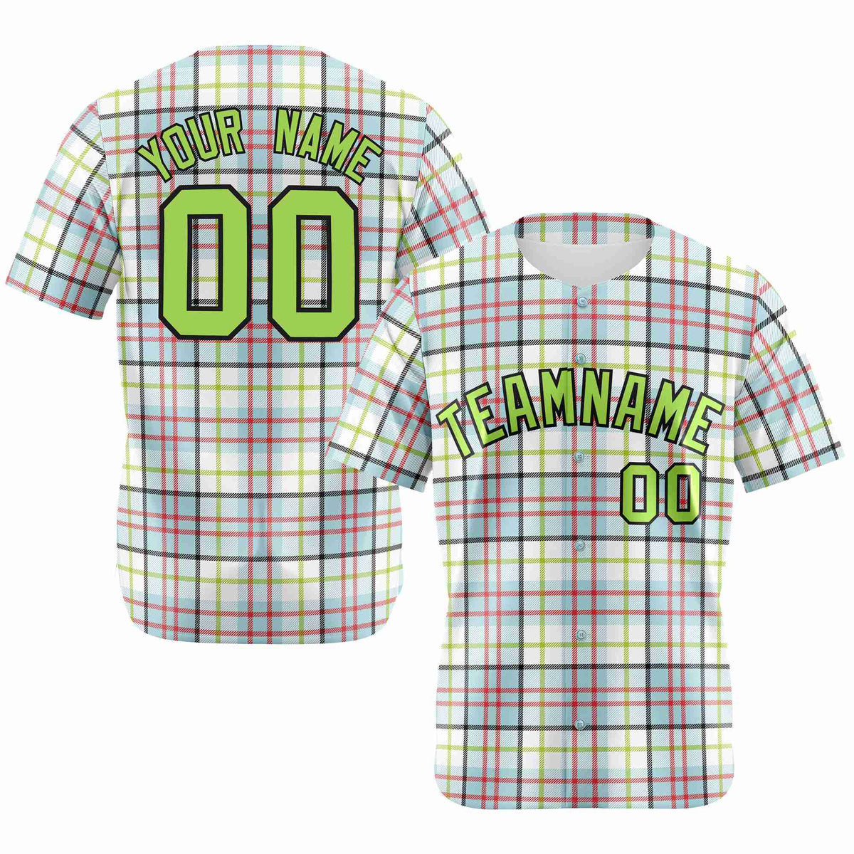 Custom White Neon Green-Red Personalized Plaid Design Authentic Baseball Jersey