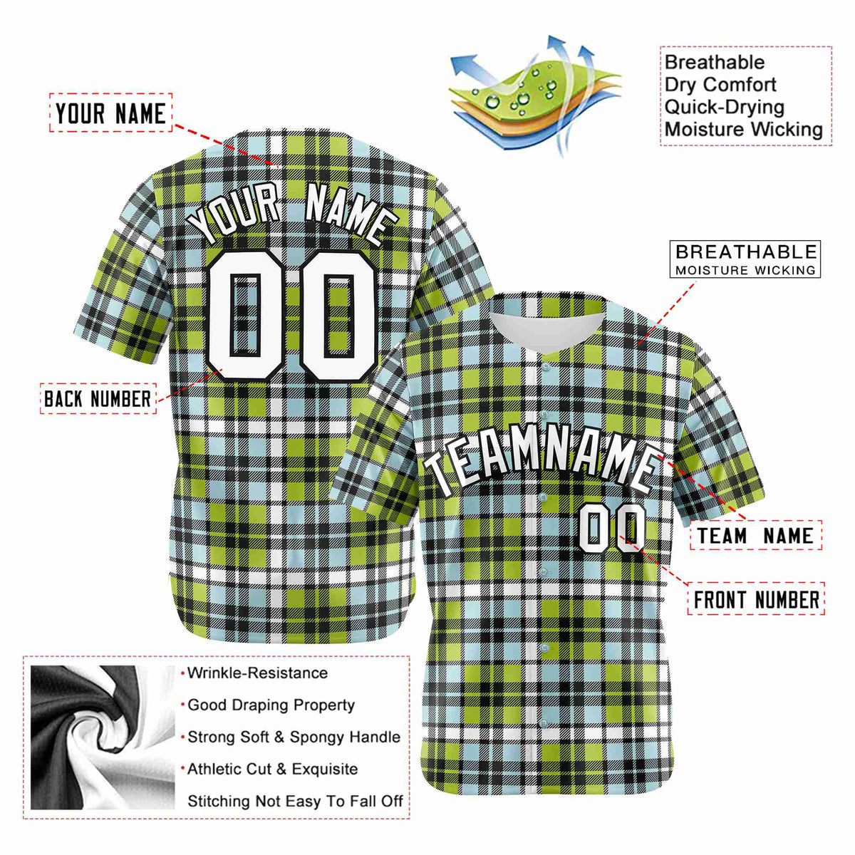 Custom Neon Green Light Blue Personalized Plaid Design Authentic Baseball Jersey