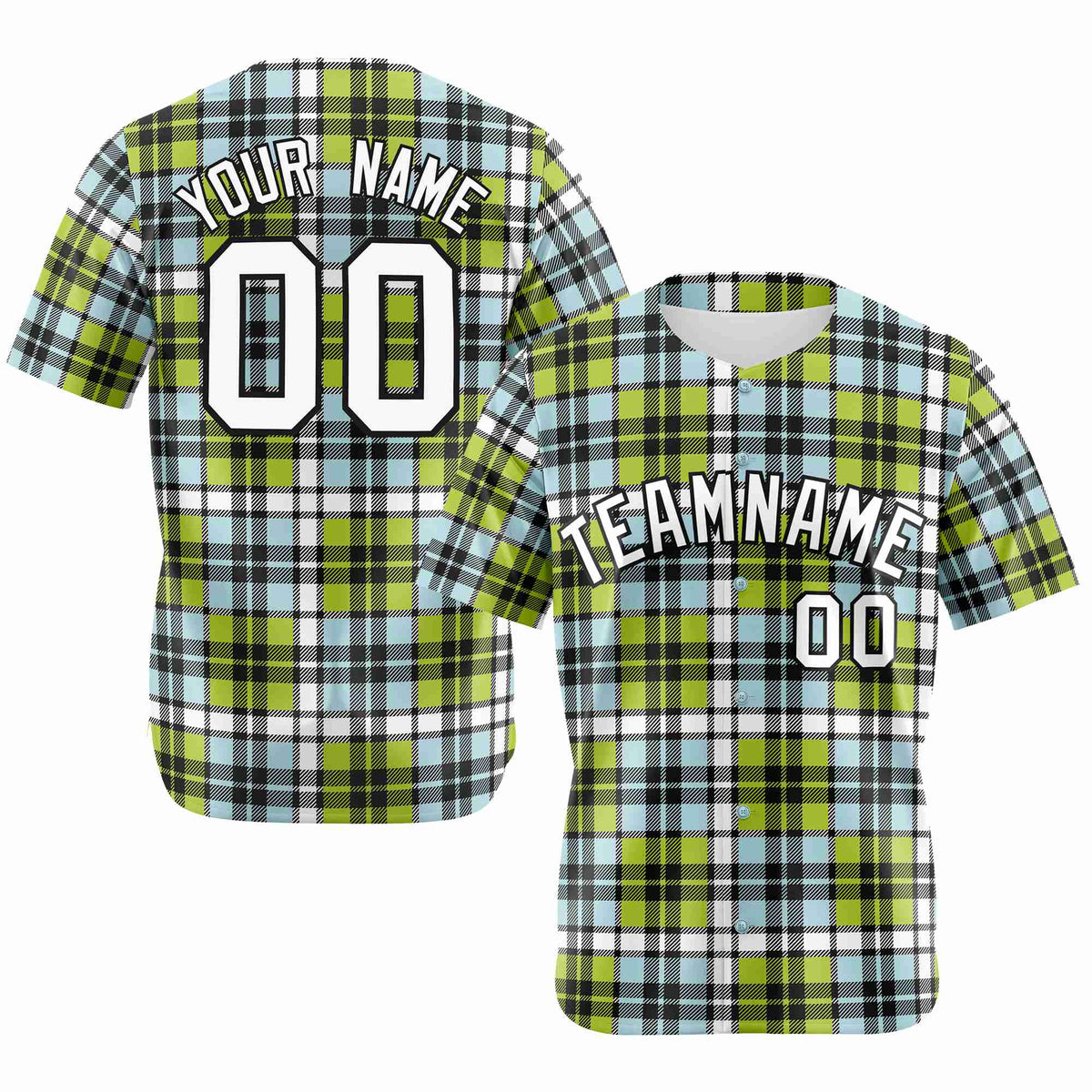 Custom Neon Green Light Blue Personalized Plaid Design Authentic Baseball Jersey