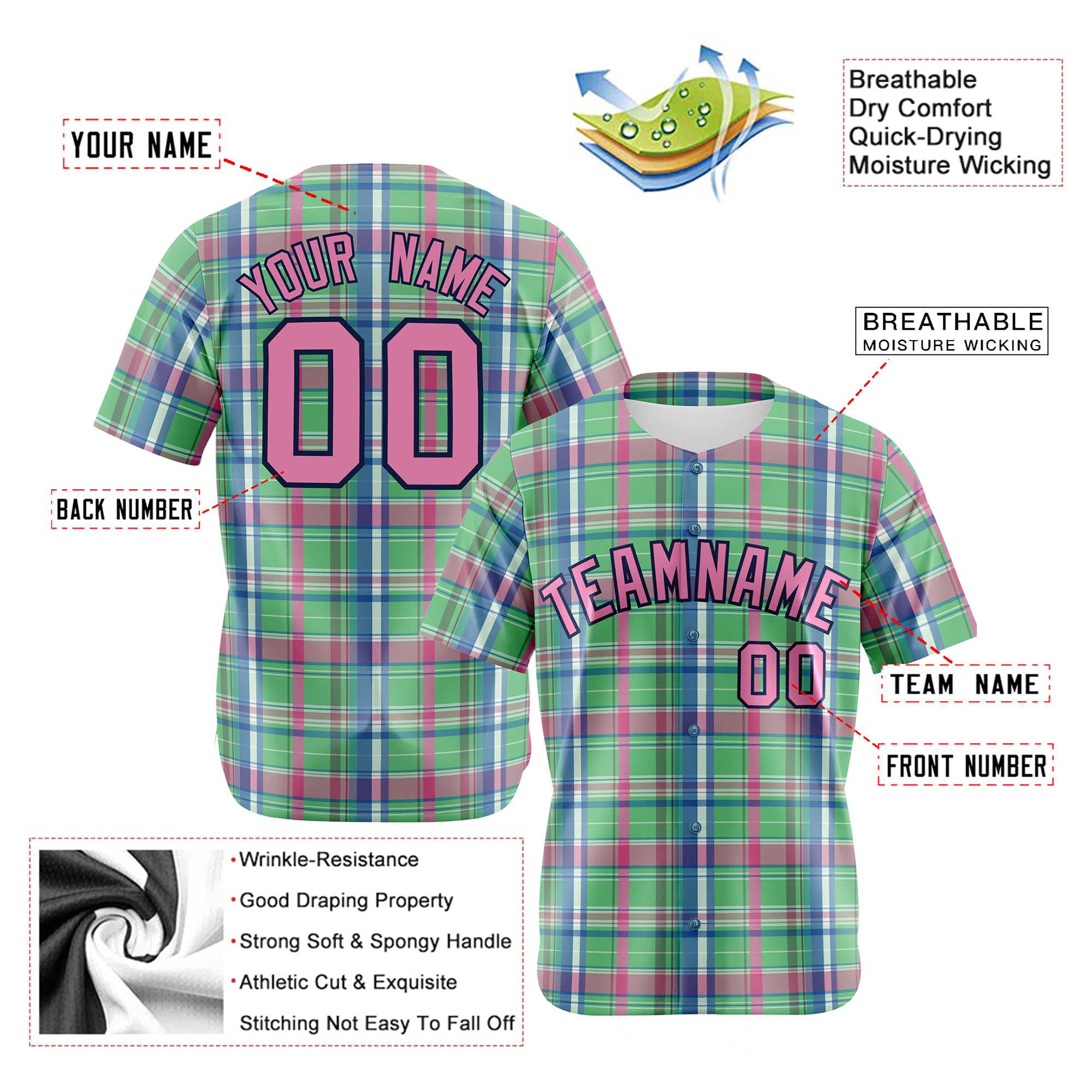 Custom Kelly Green Light Blue Personalized Plaid Design Authentic Baseball Jersey