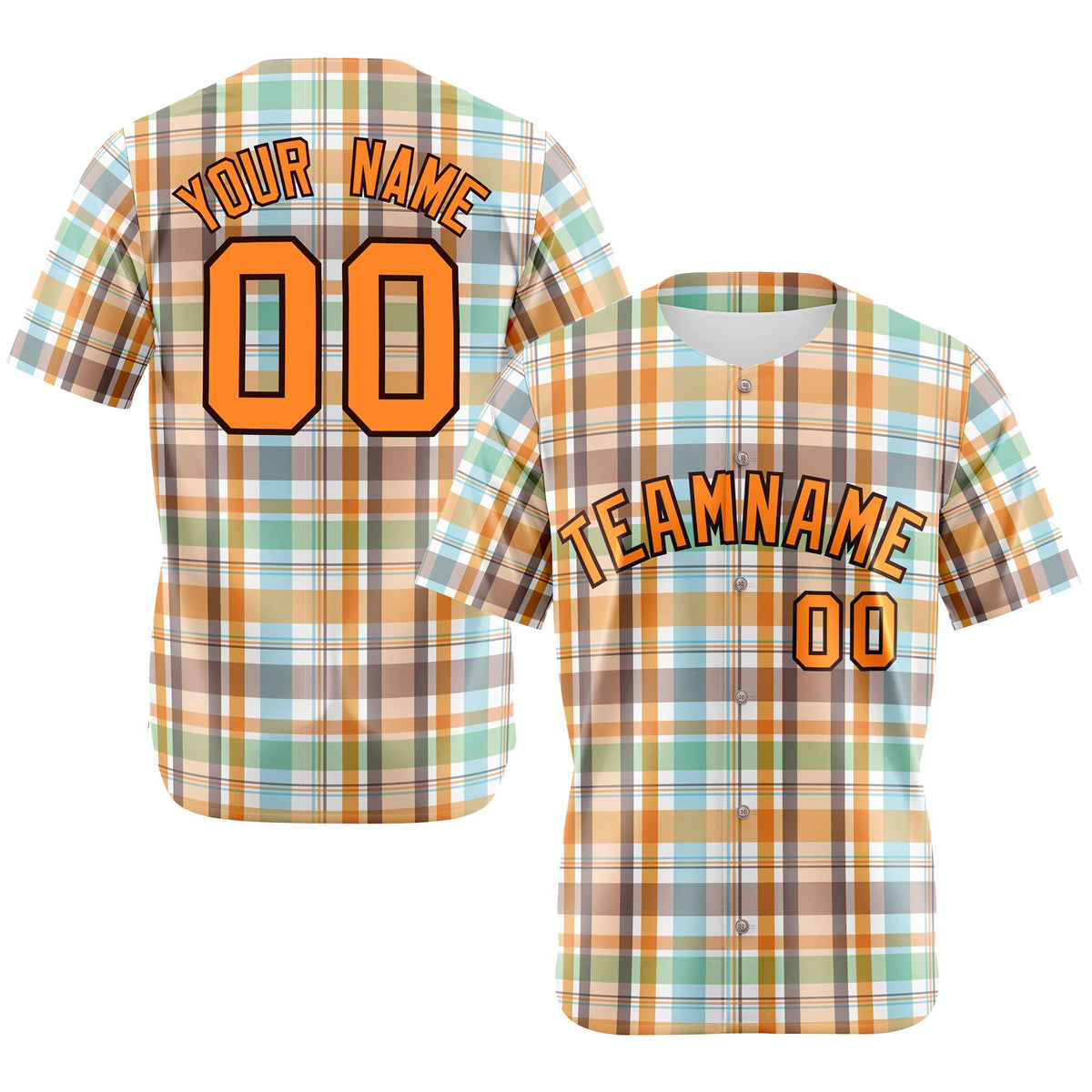 Custom Orange Gray Blue Personalized Plaid Design Authentic Baseball Jersey