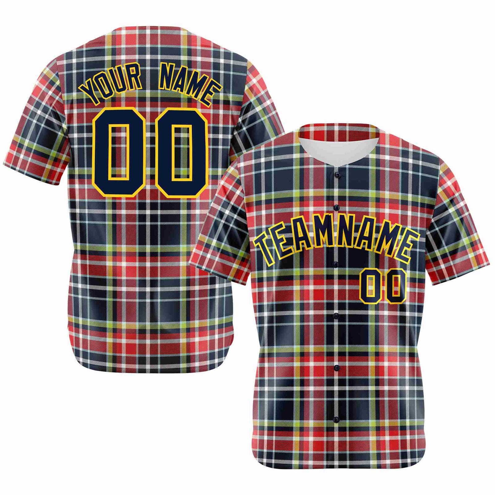 Custom Red Navy-Neon Green Personalized Plaid Design Authentic Baseball Jersey