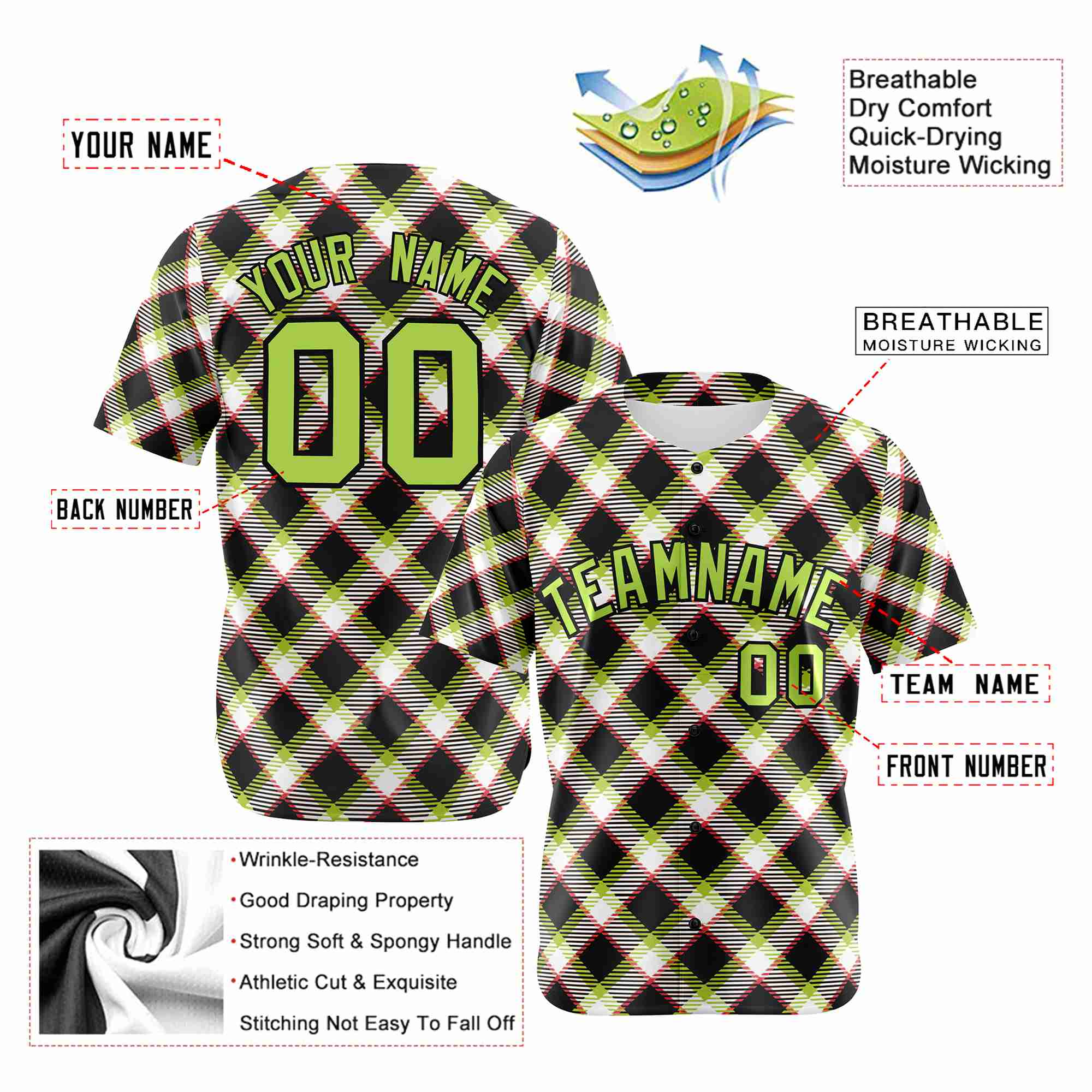 Custom Black White-Neon Green Personalized Plaid Design Authentic Baseball Jersey