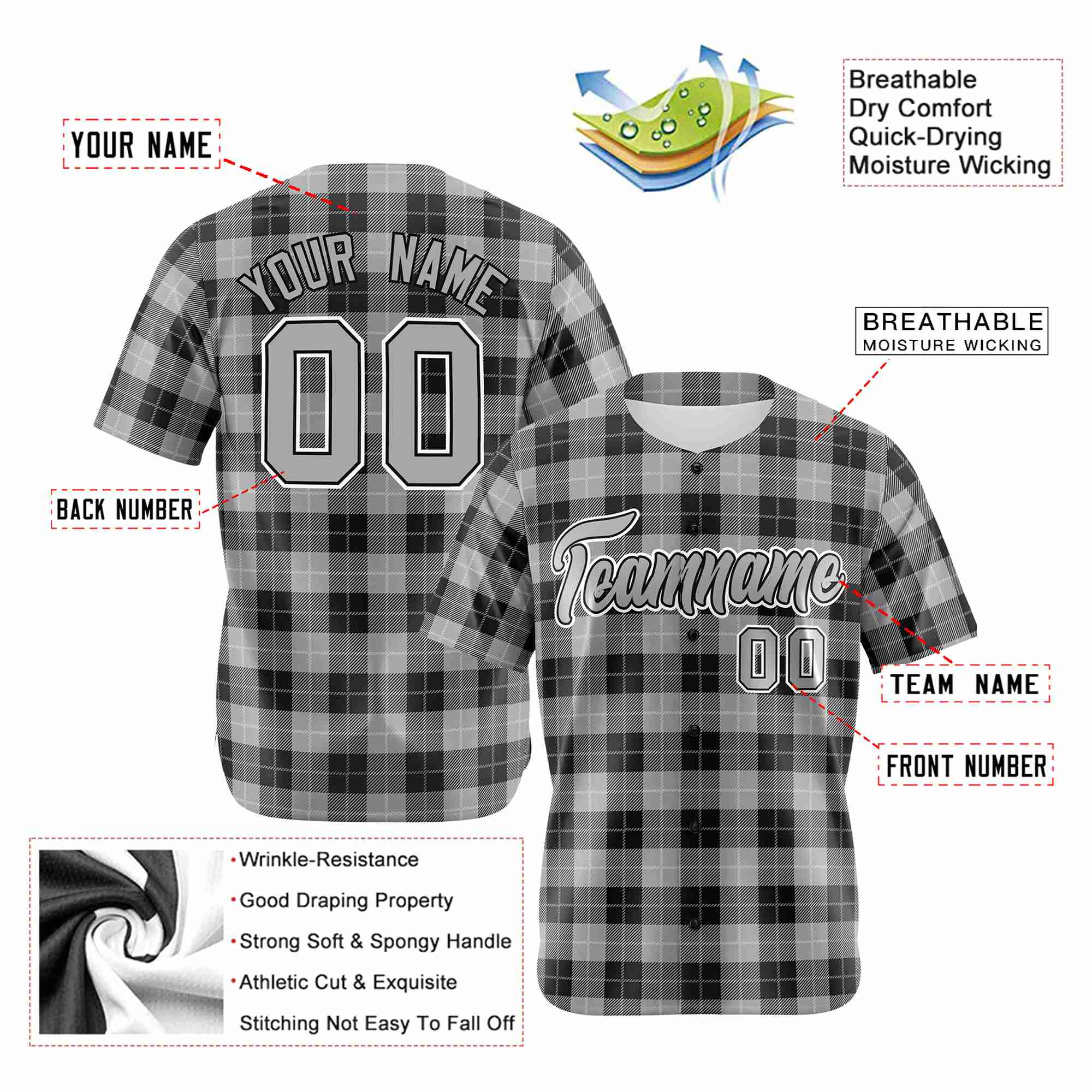 Custom Gray Black Personalized Plaid Design Authentic Baseball Jersey