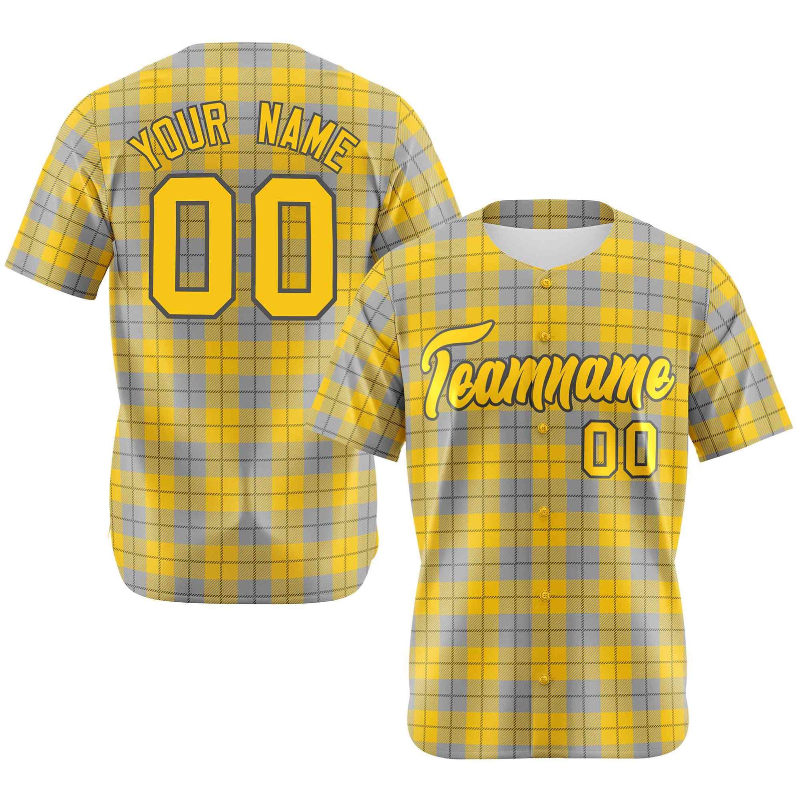 Custom Gold Gray Personalized Plaid Design Authentic Baseball Jersey